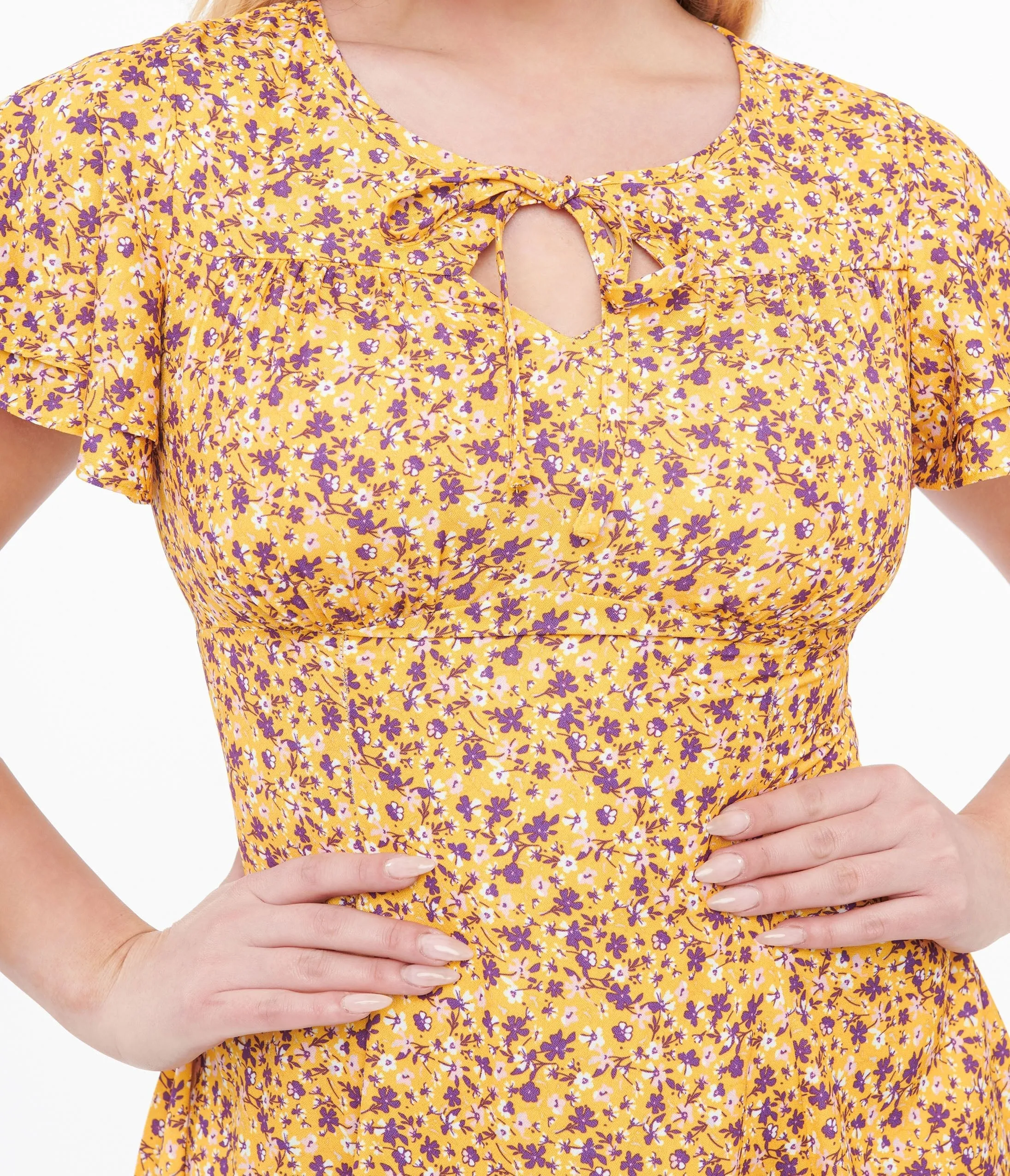 1950s Yellow & Purple Floral Capelet Swing Dress