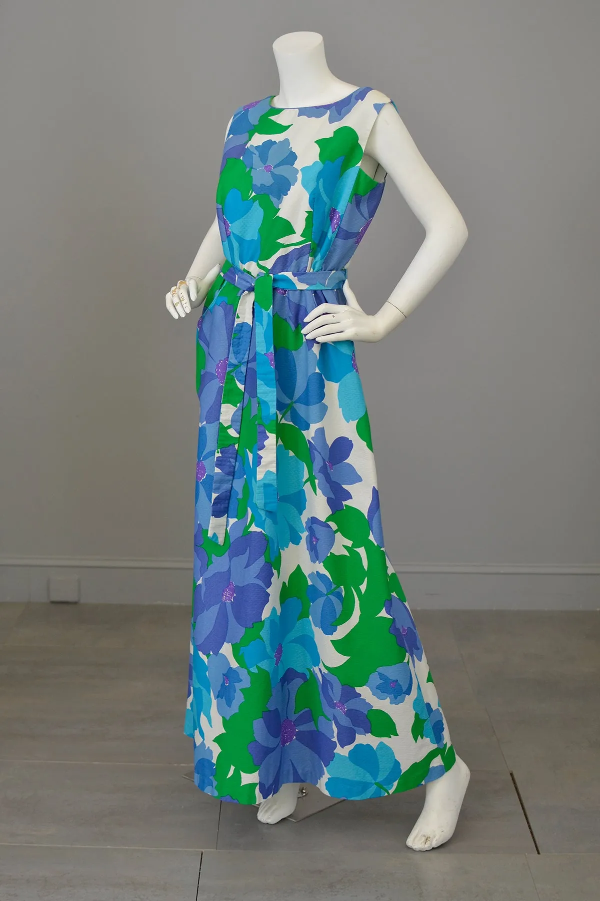 1970s Malia Honolulu Purple Blue Green Hawaiian Floral Print Wrap Around Maxi Dress with pockets