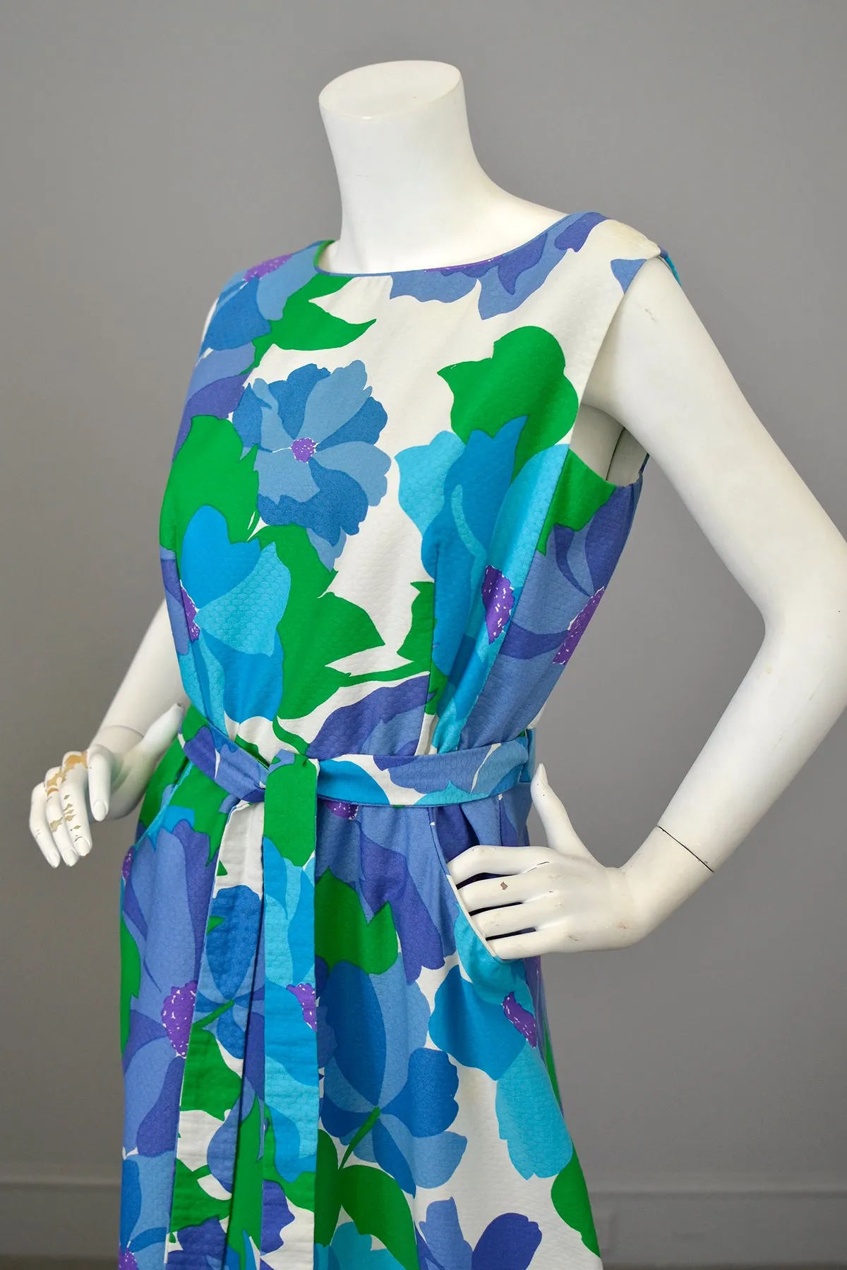 1970s Malia Honolulu Purple Blue Green Hawaiian Floral Print Wrap Around Maxi Dress with pockets