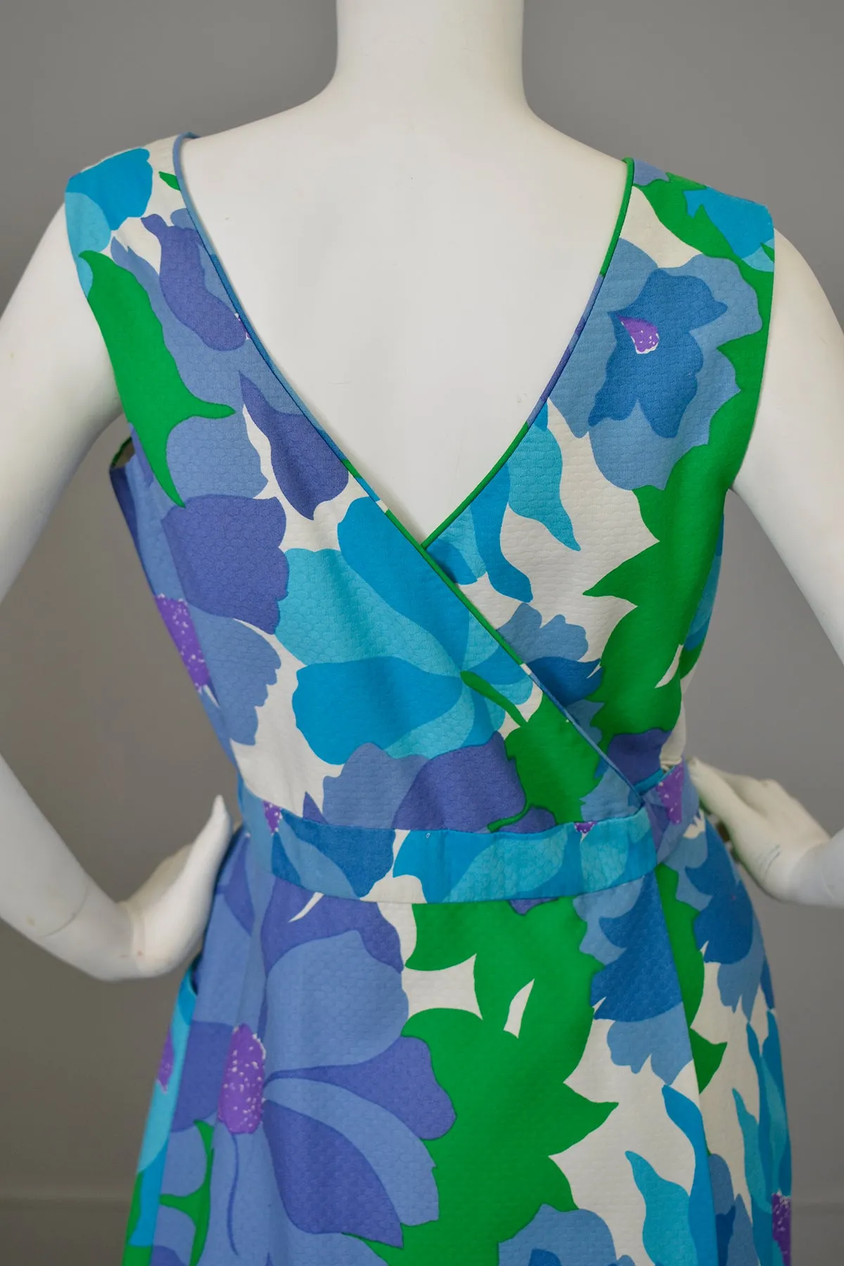 1970s Malia Honolulu Purple Blue Green Hawaiian Floral Print Wrap Around Maxi Dress with pockets