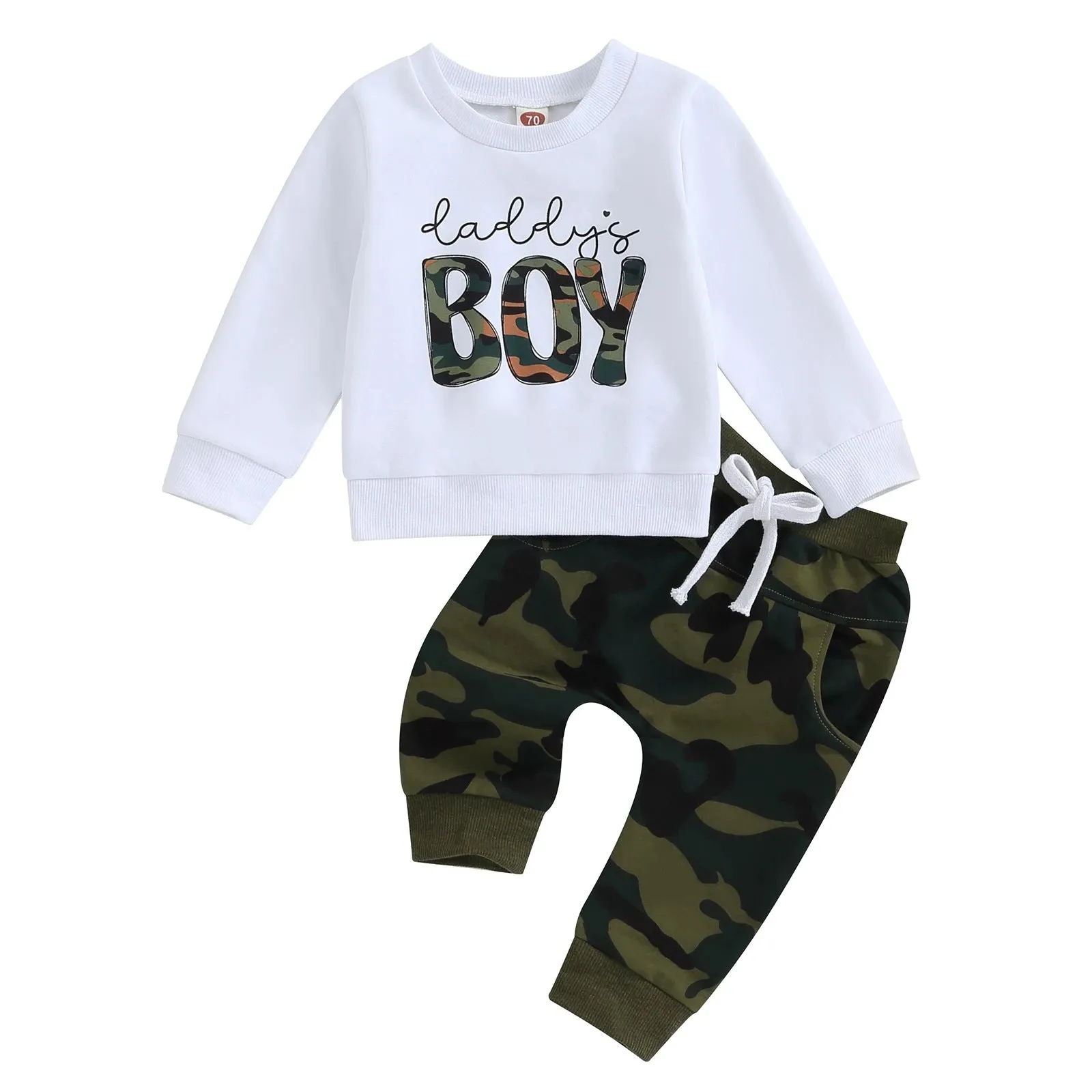 2 Pieces Set Baby Kid Boys Letters Tops Solid Color And Camo Pants Wholesale 231130320