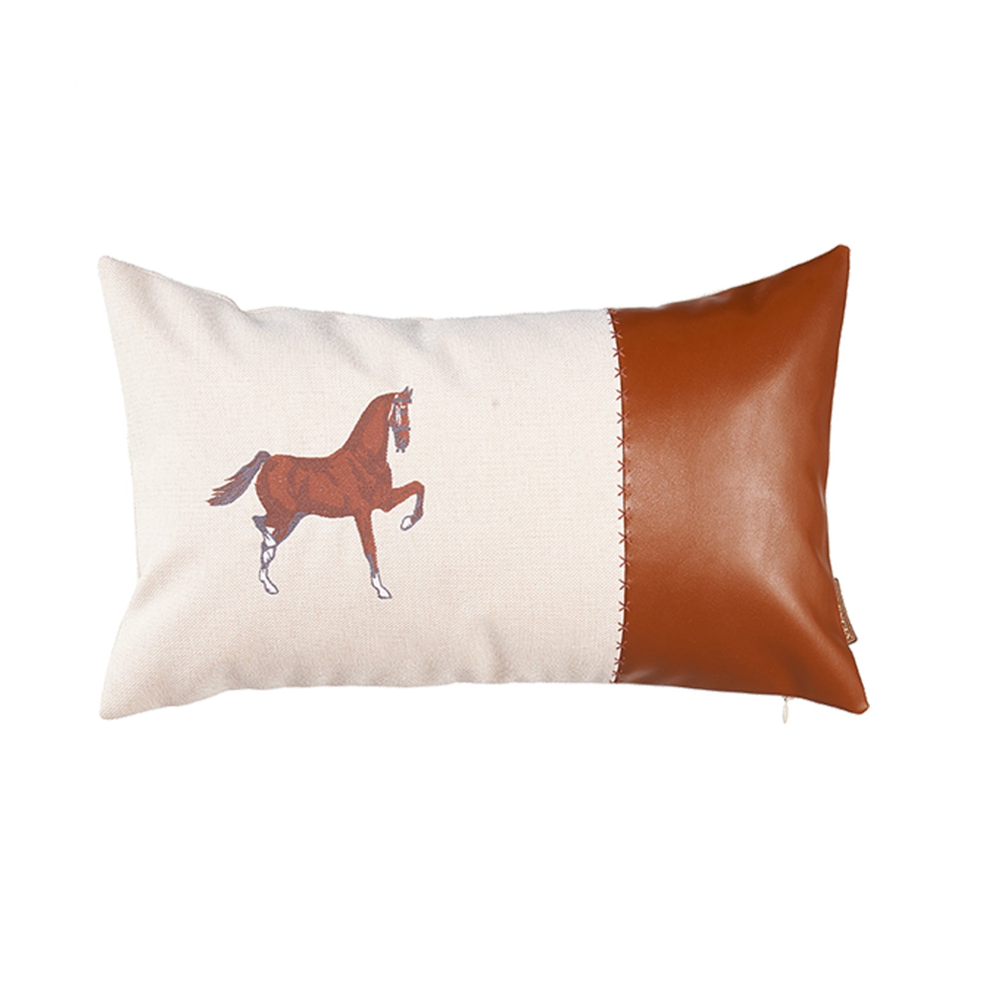 20 X 12 Beige Horse Animal Print Zippered Handmade Faux Leather Lumbar Pillow With Embroidery