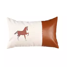 20 X 12 Beige Horse Animal Print Zippered Handmade Faux Leather Lumbar Pillow With Embroidery