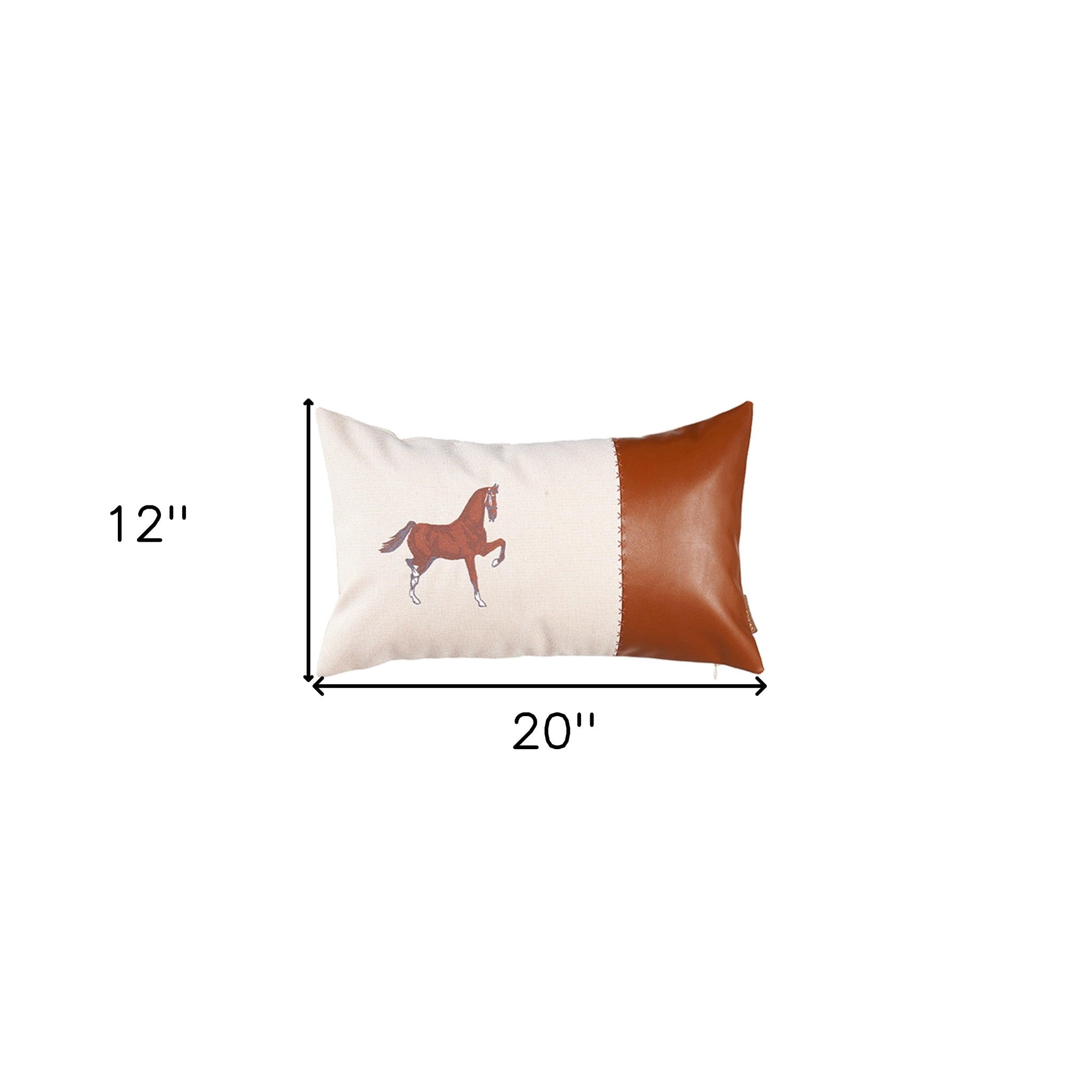 20 X 12 Beige Horse Animal Print Zippered Handmade Faux Leather Lumbar Pillow With Embroidery