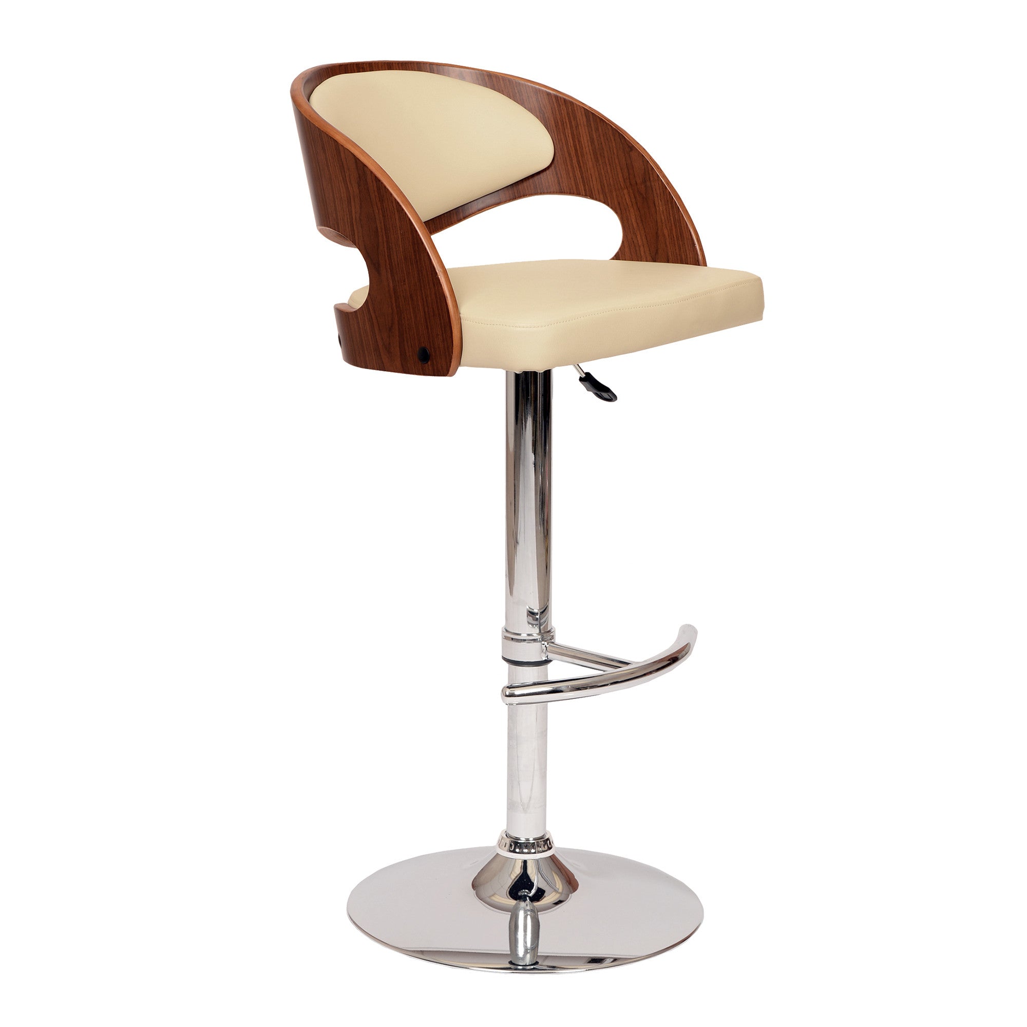 24 Cream And Brown Faux Leather And Solid Wood Swivel Low Back Adjustable Height Bar Chair