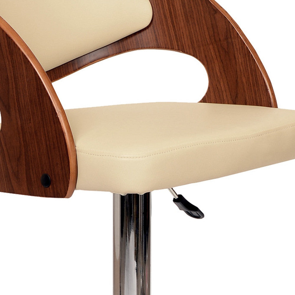 24 Cream And Brown Faux Leather And Solid Wood Swivel Low Back Adjustable Height Bar Chair