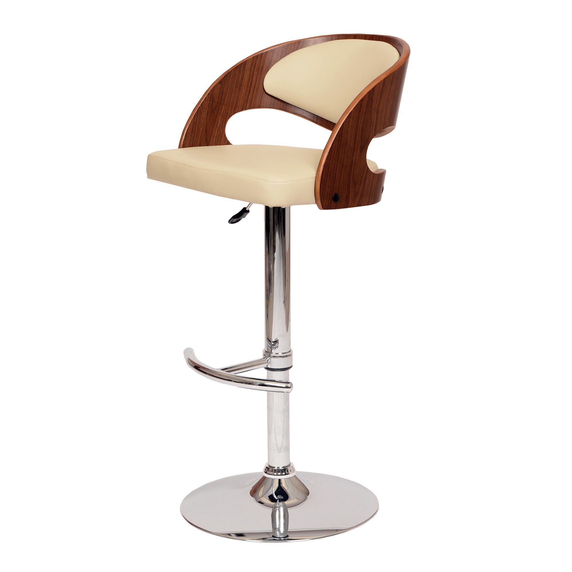 24 Cream And Brown Faux Leather And Solid Wood Swivel Low Back Adjustable Height Bar Chair