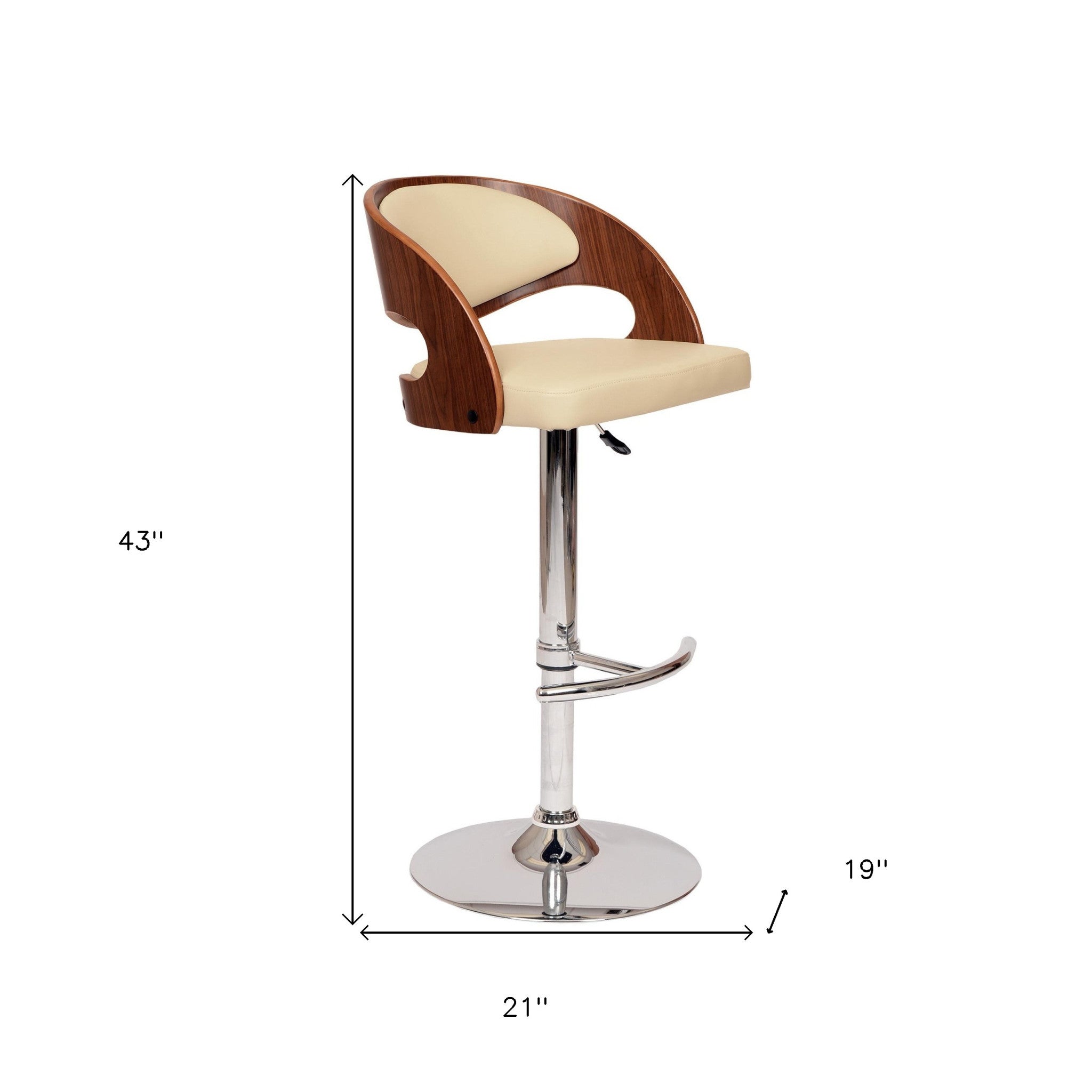 24 Cream And Brown Faux Leather And Solid Wood Swivel Low Back Adjustable Height Bar Chair