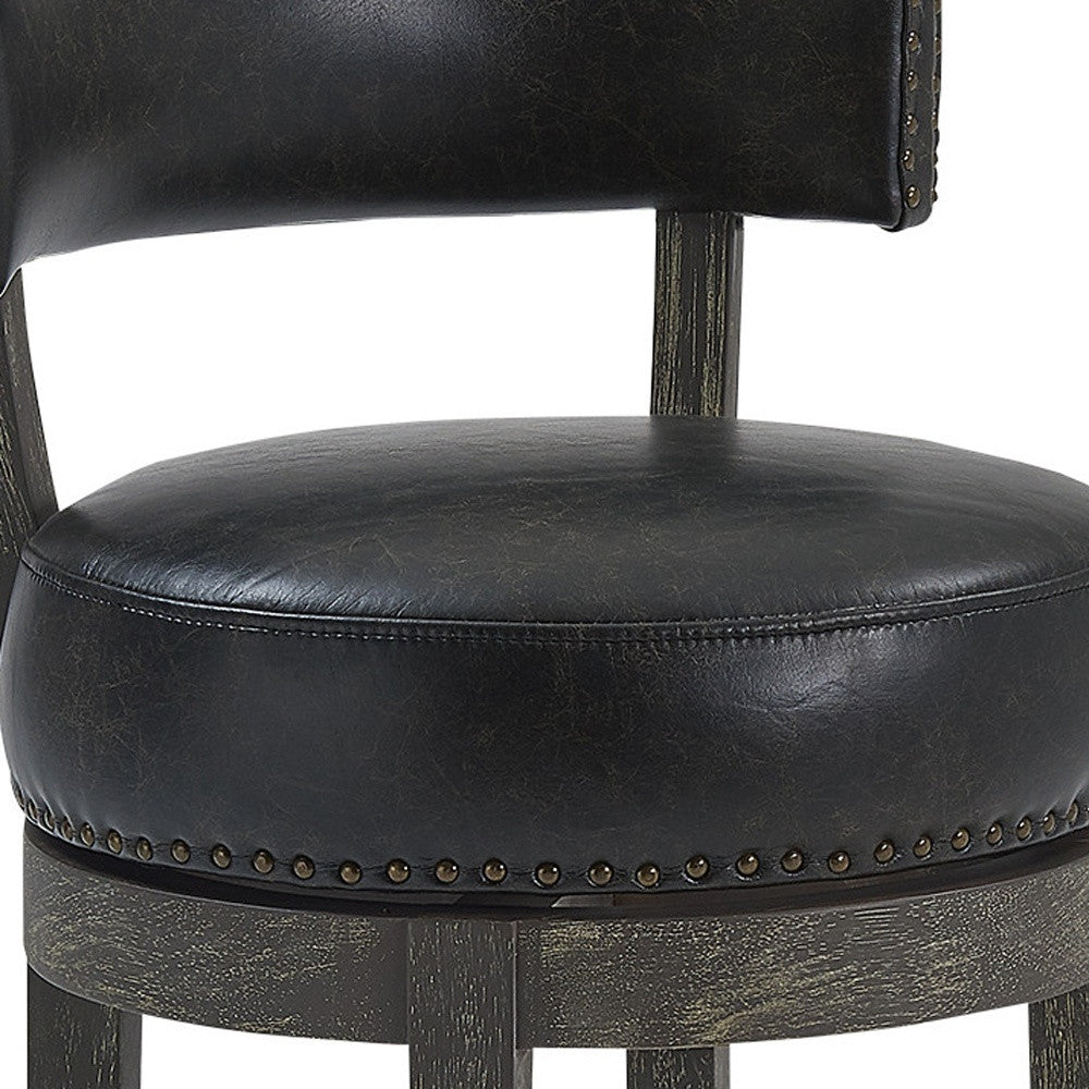 26 Black And Dark Gray Faux Leather And Wood Swivel Low Back Counter Height Bar Chair