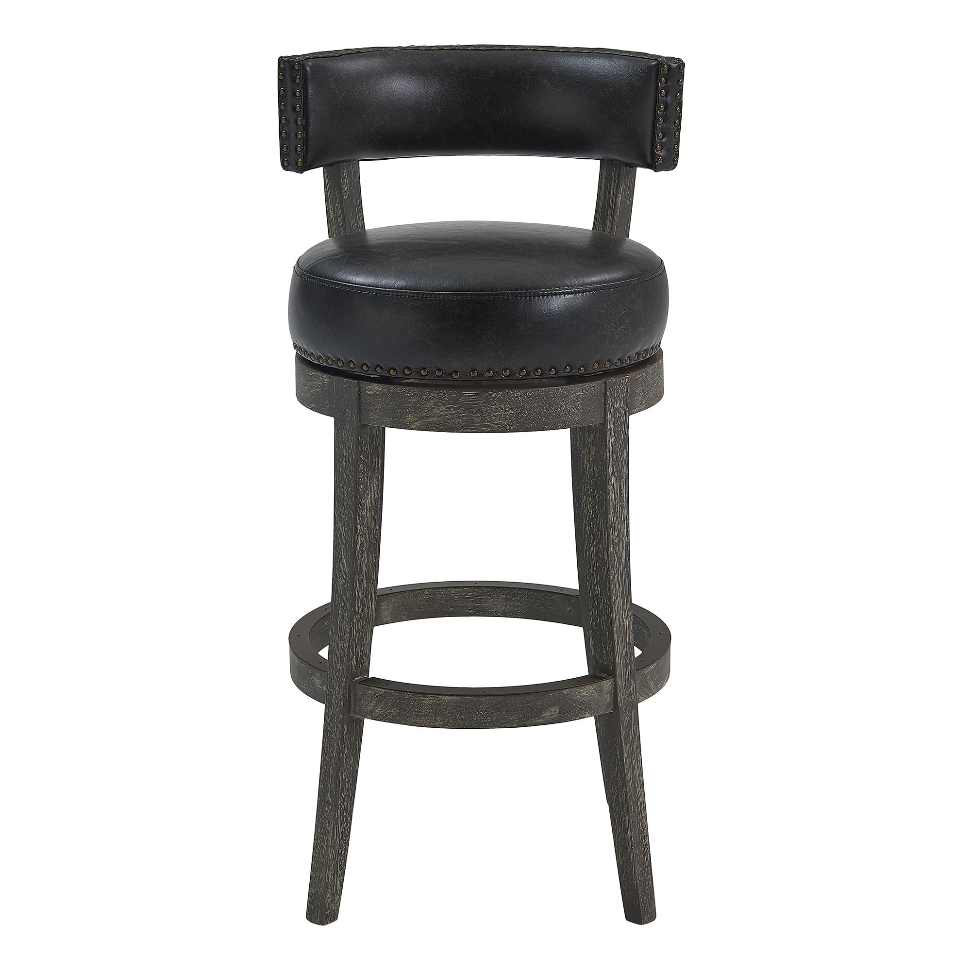 26 Black And Dark Gray Faux Leather And Wood Swivel Low Back Counter Height Bar Chair