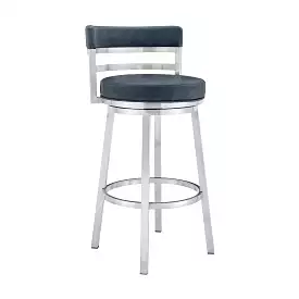 26 Blue And Silver Faux Leather And Stainless Steel Swivel Low Back Counter Height Bar Chair