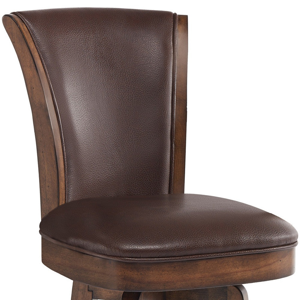 26 Brown And Chestnut Faux Leather And Solid Wood Swivel Counter Height Bar Chair