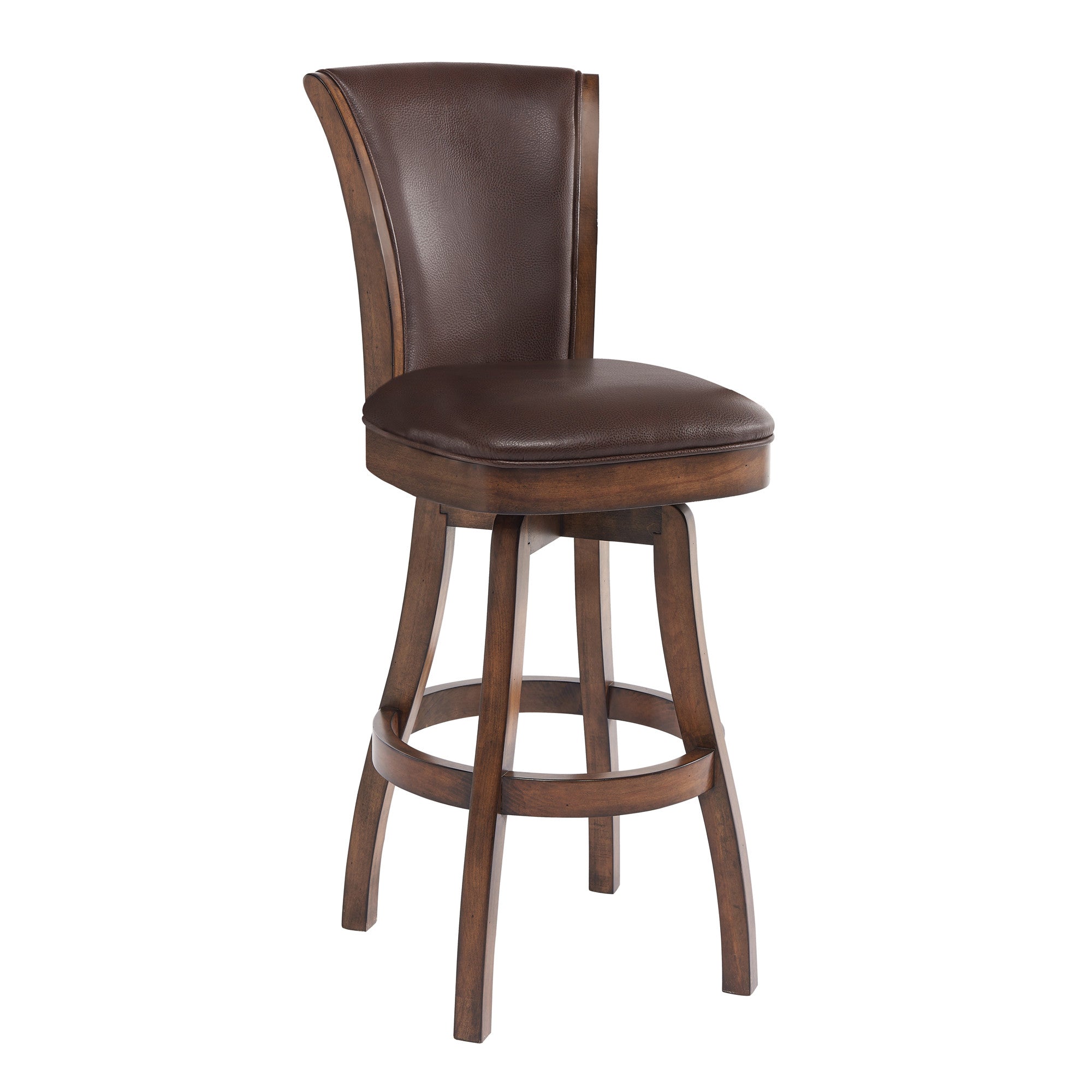 26 Brown And Chestnut Faux Leather And Solid Wood Swivel Counter Height Bar Chair