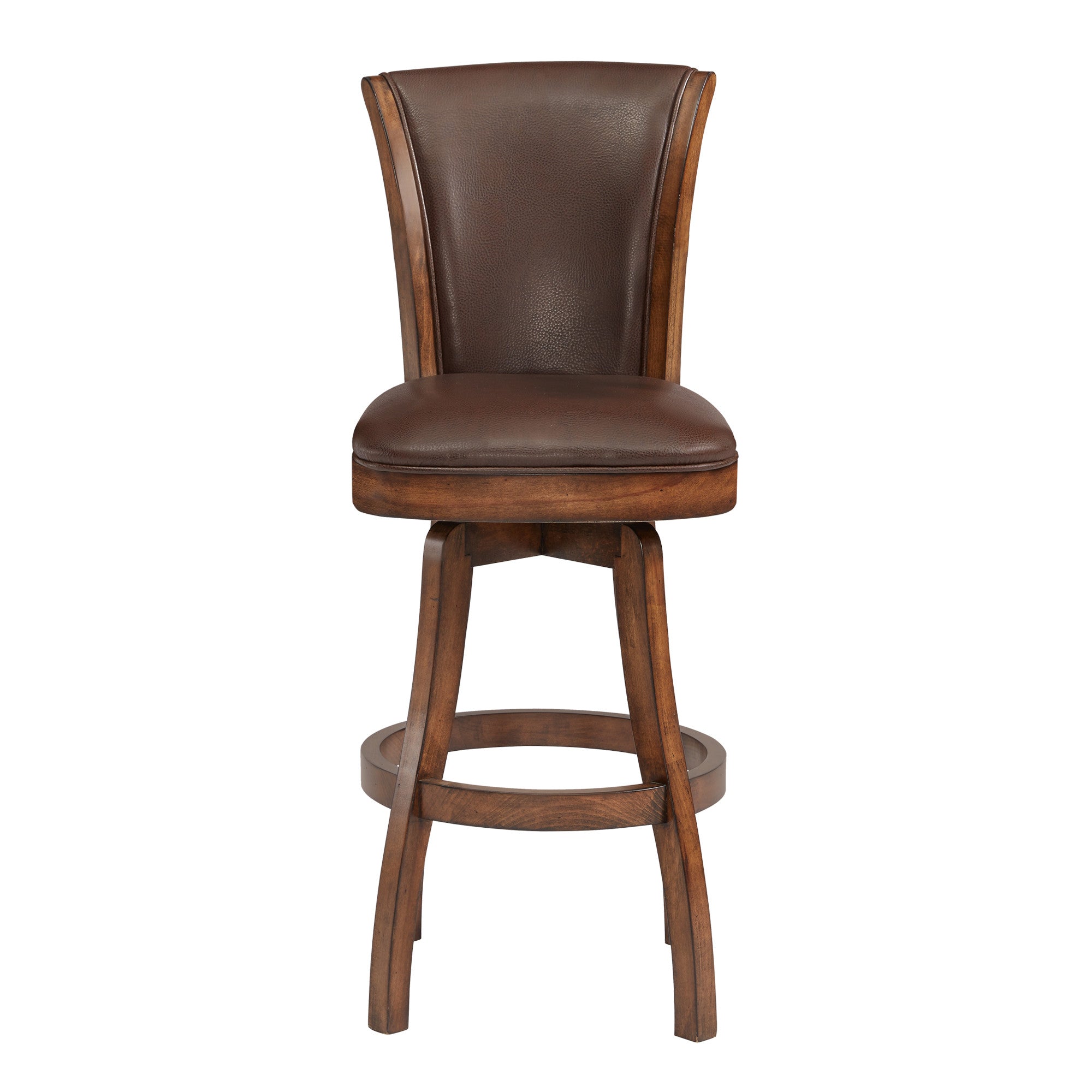 26 Brown And Chestnut Faux Leather And Solid Wood Swivel Counter Height Bar Chair