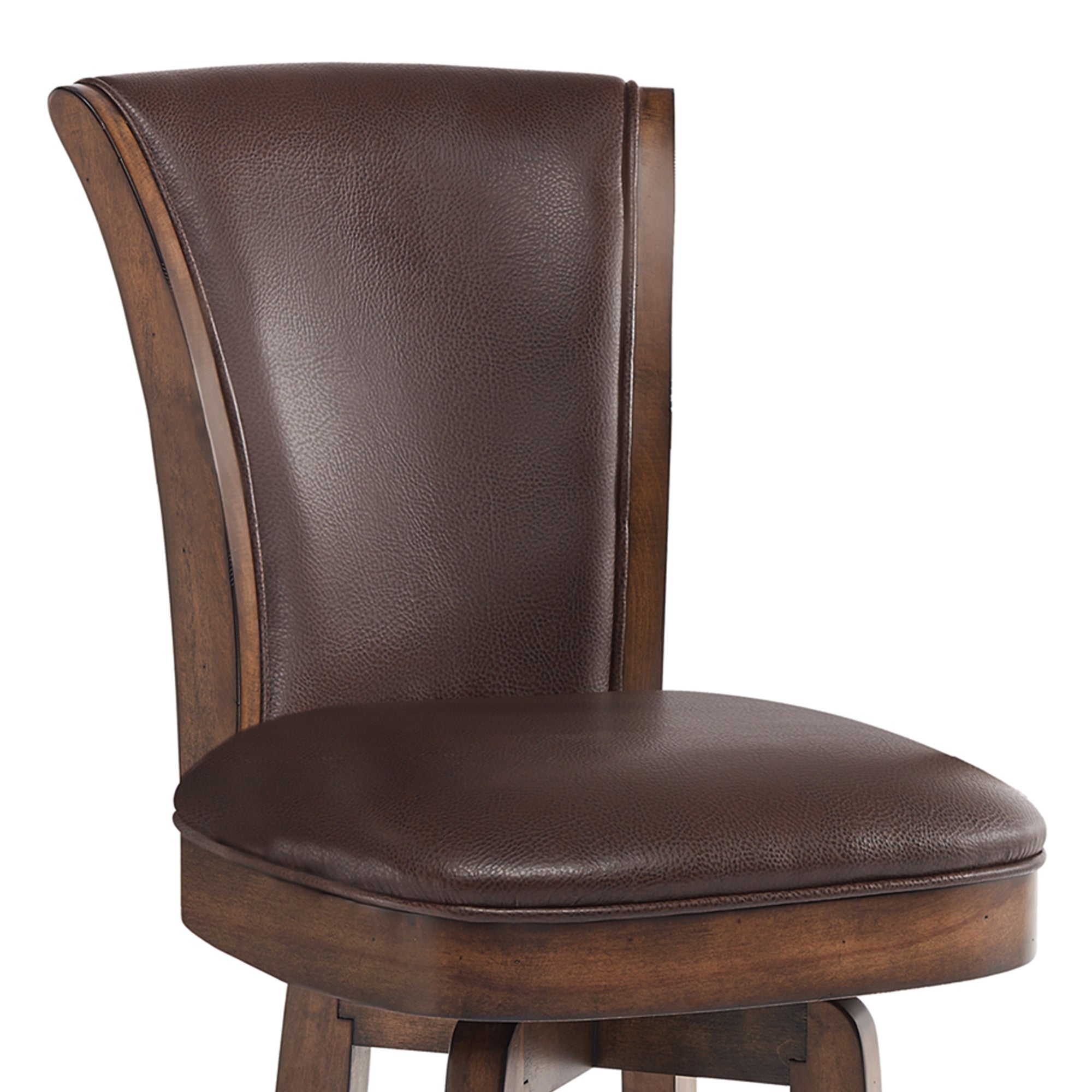 26 Brown And Chestnut Faux Leather And Solid Wood Swivel Counter Height Bar Chair