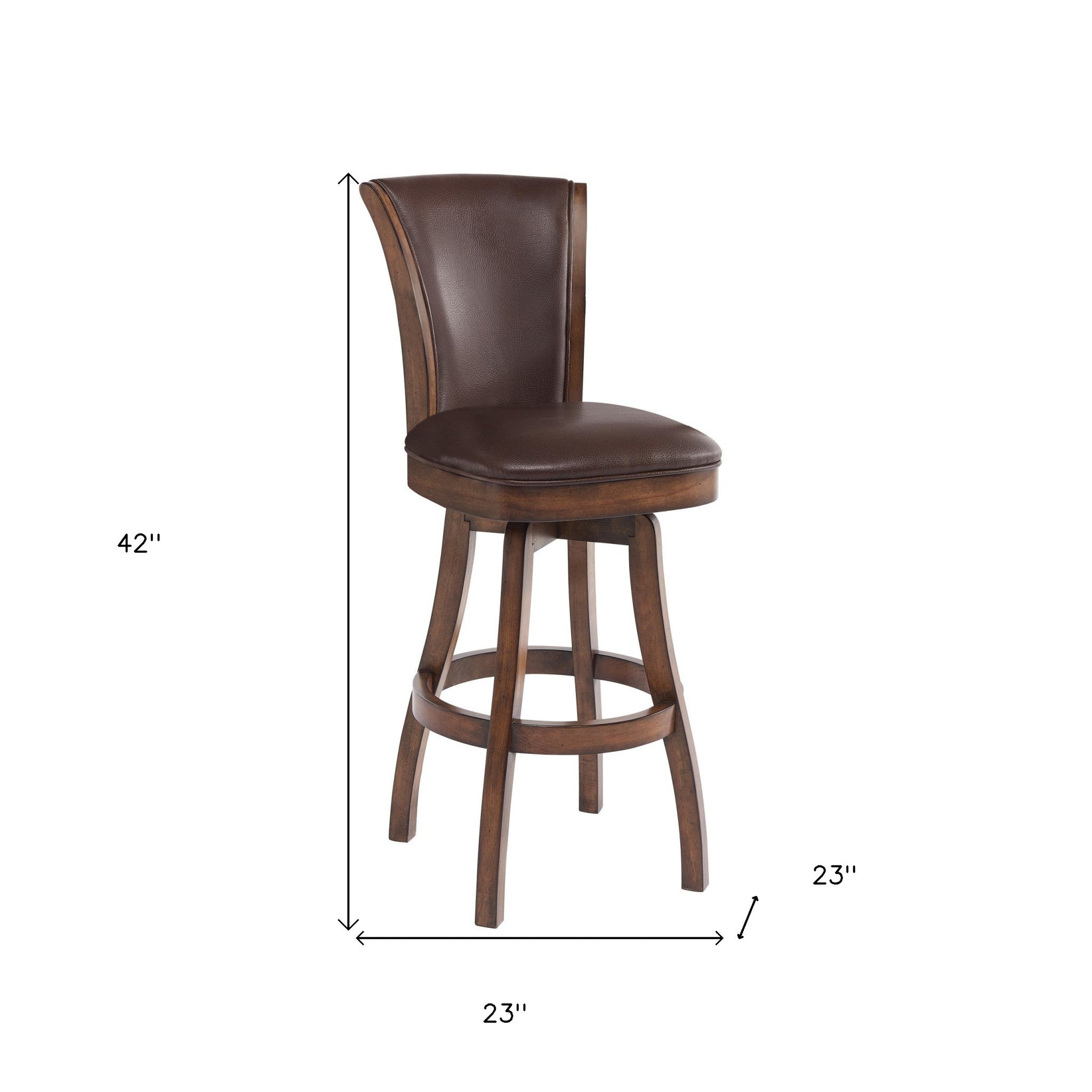 26 Brown And Chestnut Faux Leather And Solid Wood Swivel Counter Height Bar Chair