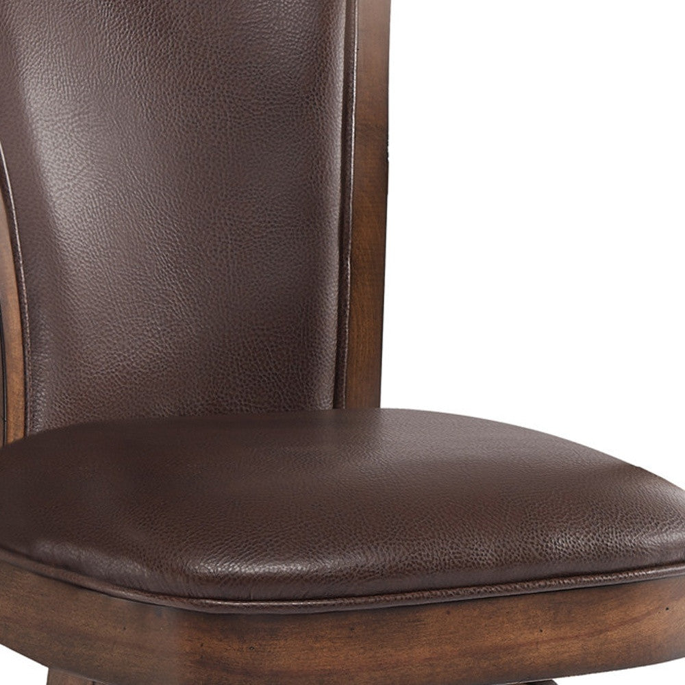 26 Brown And Chestnut Faux Leather And Solid Wood Swivel Counter Height Bar Chair