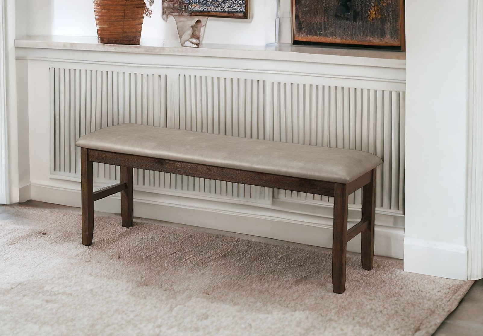 49 Tan and Dark Brown Faux Leather Distressed Upholstery Dining Bench