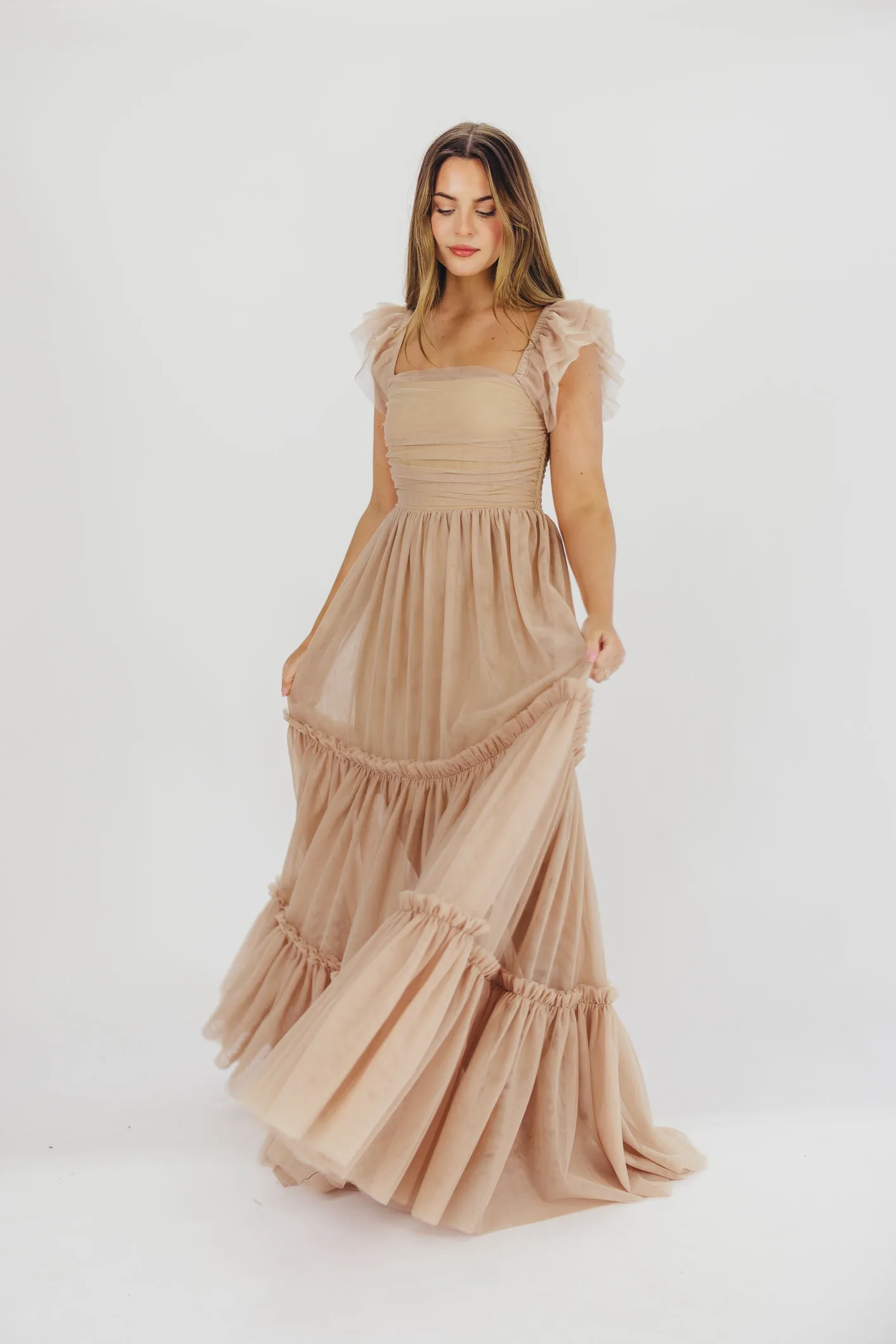 Bella Tiered Tulle Maxi Dress in Taupe - Bump Friendly & Inclusive Sizing (S-3XL) - Restocking End of Aug