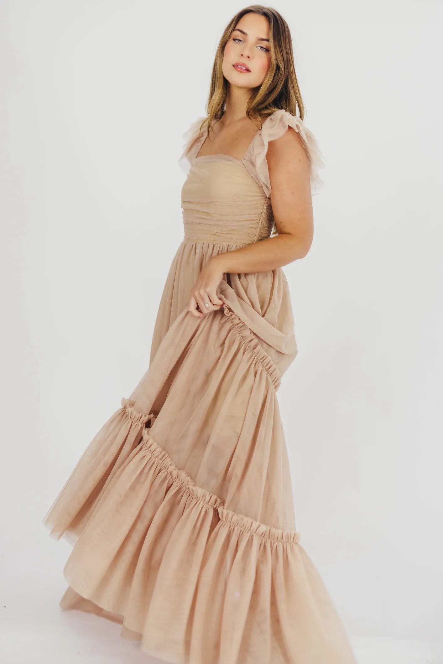 Bella Tiered Tulle Maxi Dress in Taupe - Bump Friendly & Inclusive Sizing (S-3XL) - Restocking End of Aug