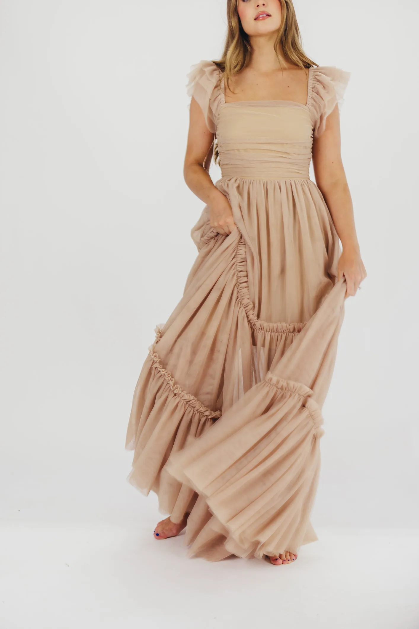 Bella Tiered Tulle Maxi Dress in Taupe - Bump Friendly & Inclusive Sizing (S-3XL) - Restocking End of Aug