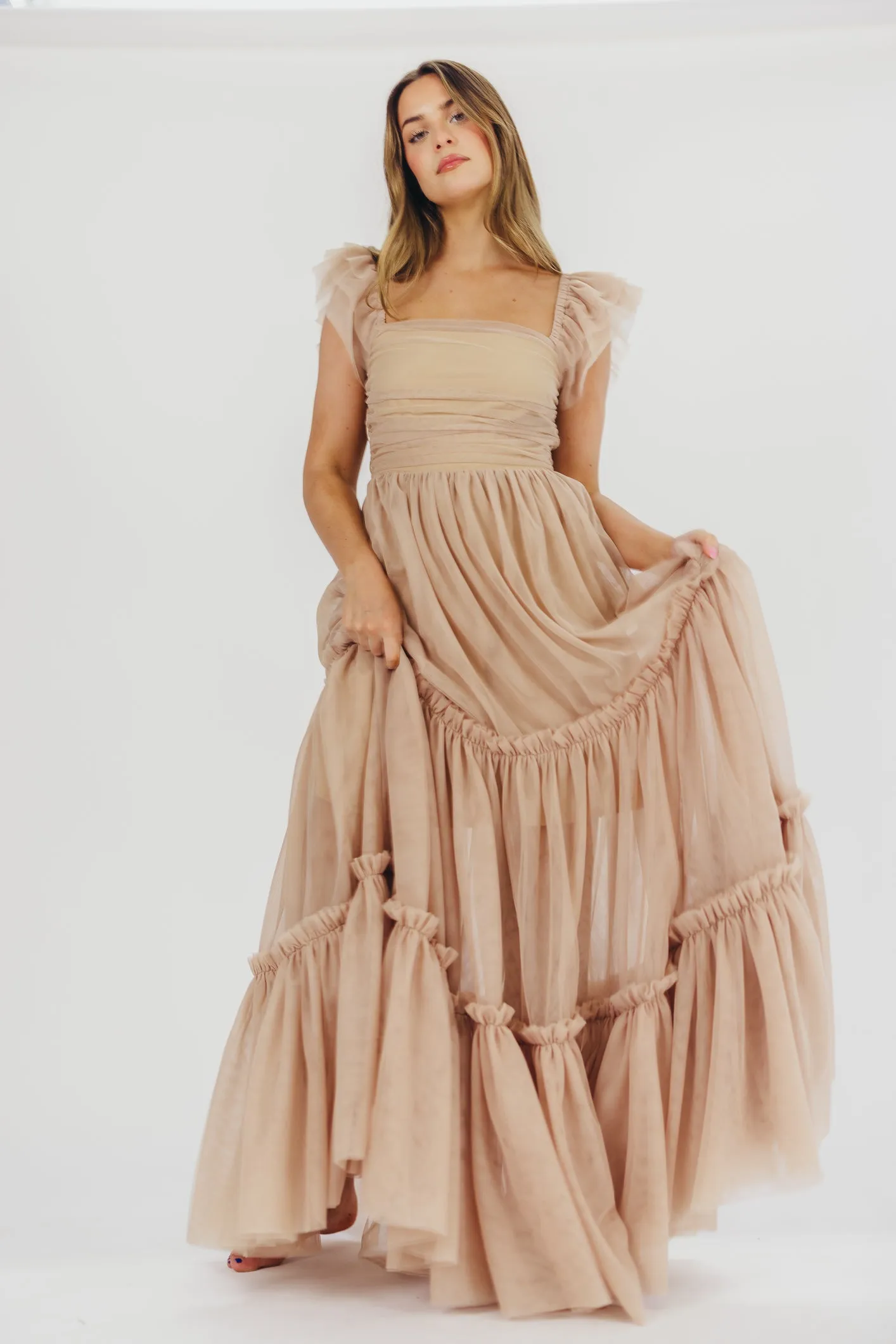 Bella Tiered Tulle Maxi Dress in Taupe - Bump Friendly & Inclusive Sizing (S-3XL) - Restocking End of Aug