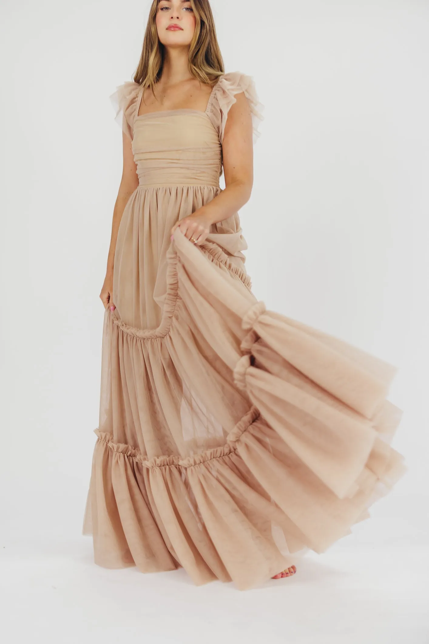 Bella Tiered Tulle Maxi Dress in Taupe - Bump Friendly & Inclusive Sizing (S-3XL) - Restocking End of Aug