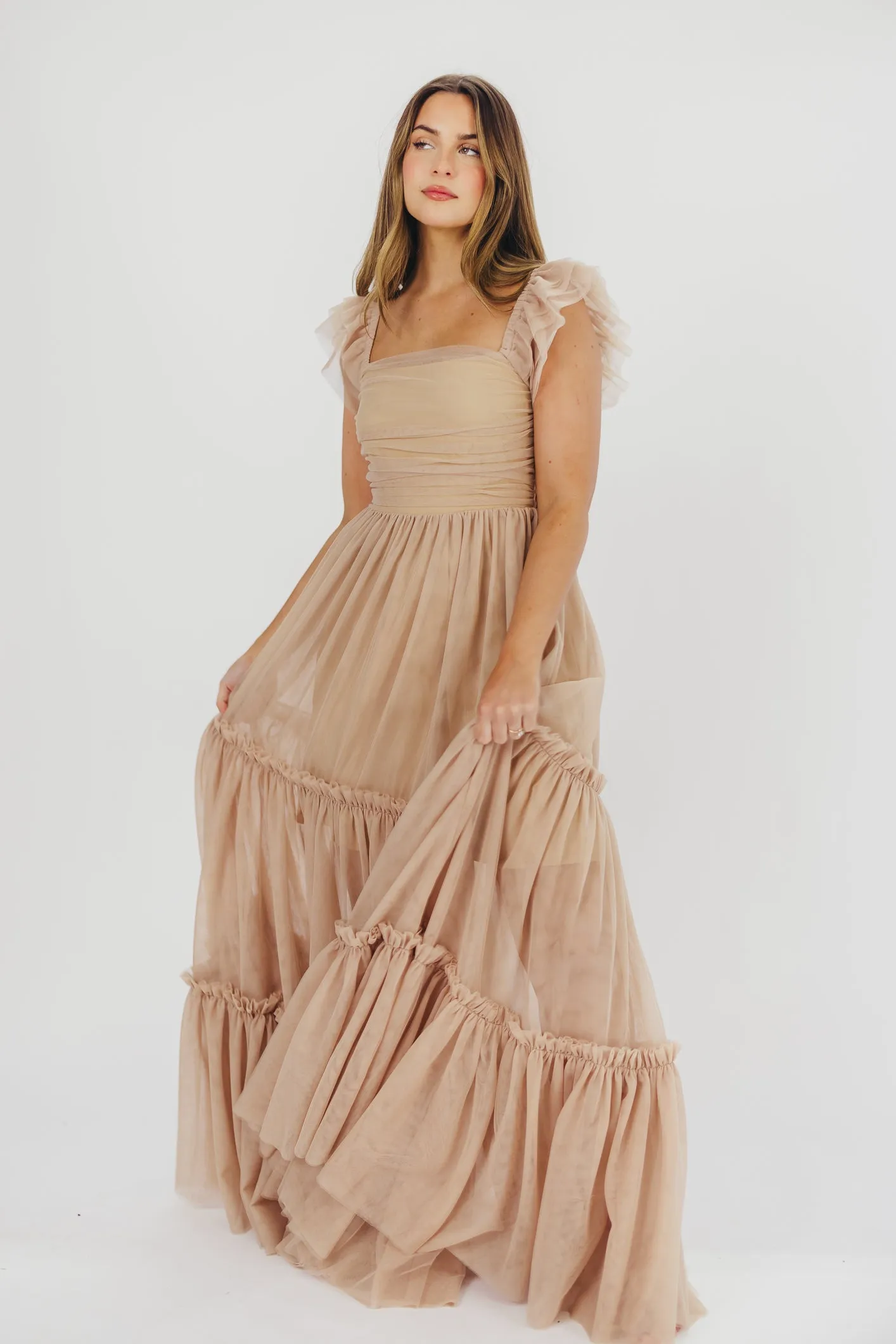 Bella Tiered Tulle Maxi Dress in Taupe - Bump Friendly & Inclusive Sizing (S-3XL) - Restocking End of Aug