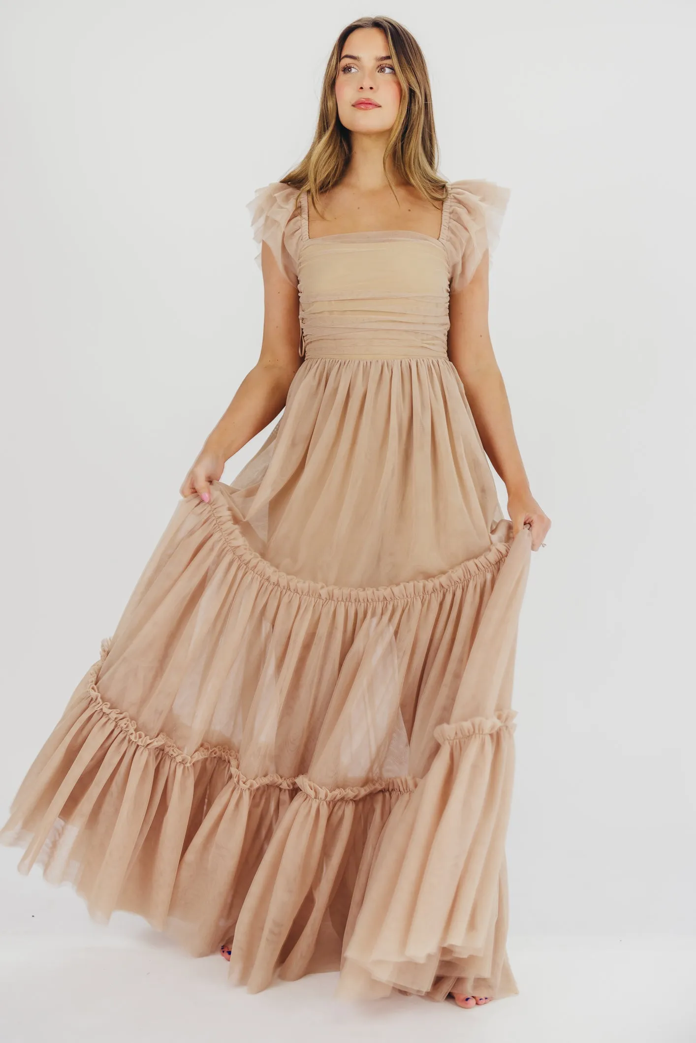 Bella Tiered Tulle Maxi Dress in Taupe - Bump Friendly & Inclusive Sizing (S-3XL) - Restocking End of Aug