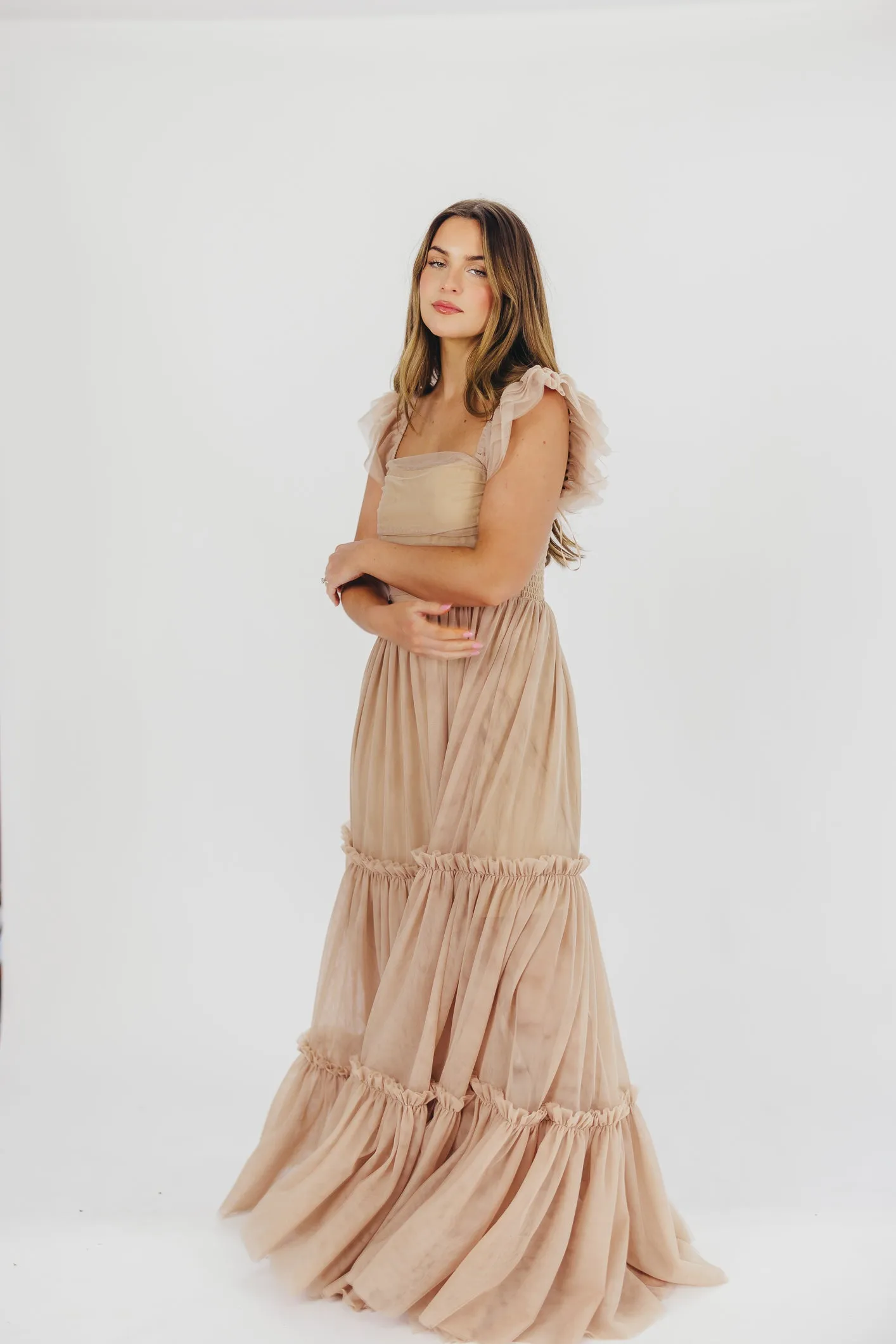 Bella Tiered Tulle Maxi Dress in Taupe - Bump Friendly & Inclusive Sizing (S-3XL) - Restocking End of Aug