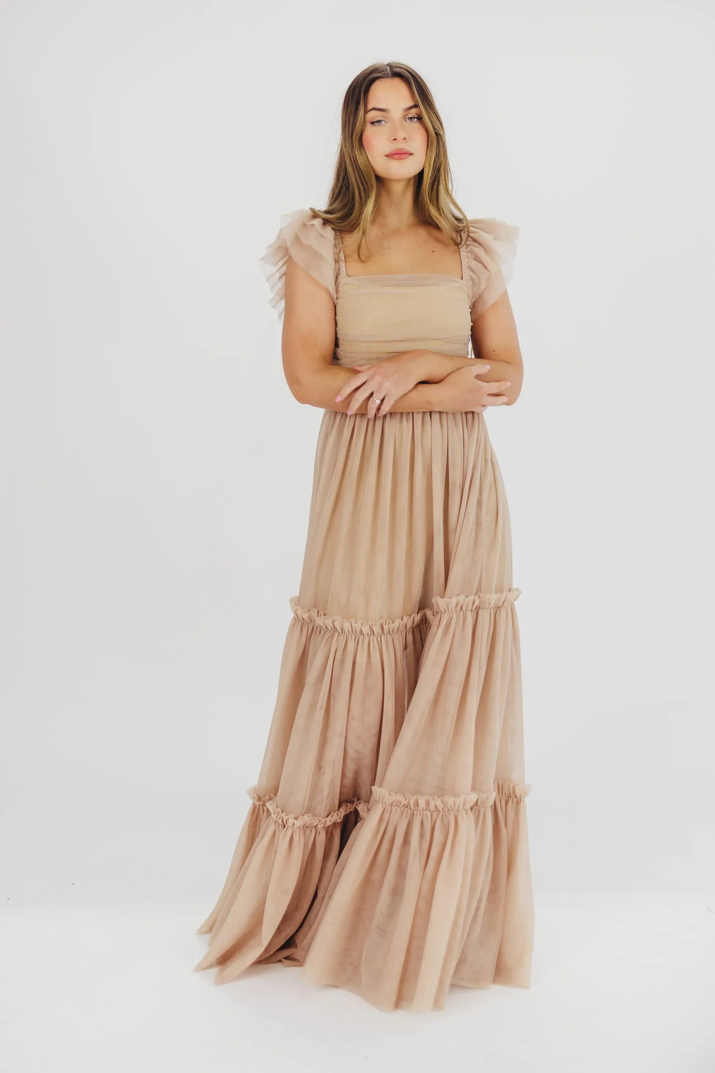 Bella Tiered Tulle Maxi Dress in Taupe - Bump Friendly & Inclusive Sizing (S-3XL) - Restocking End of Aug