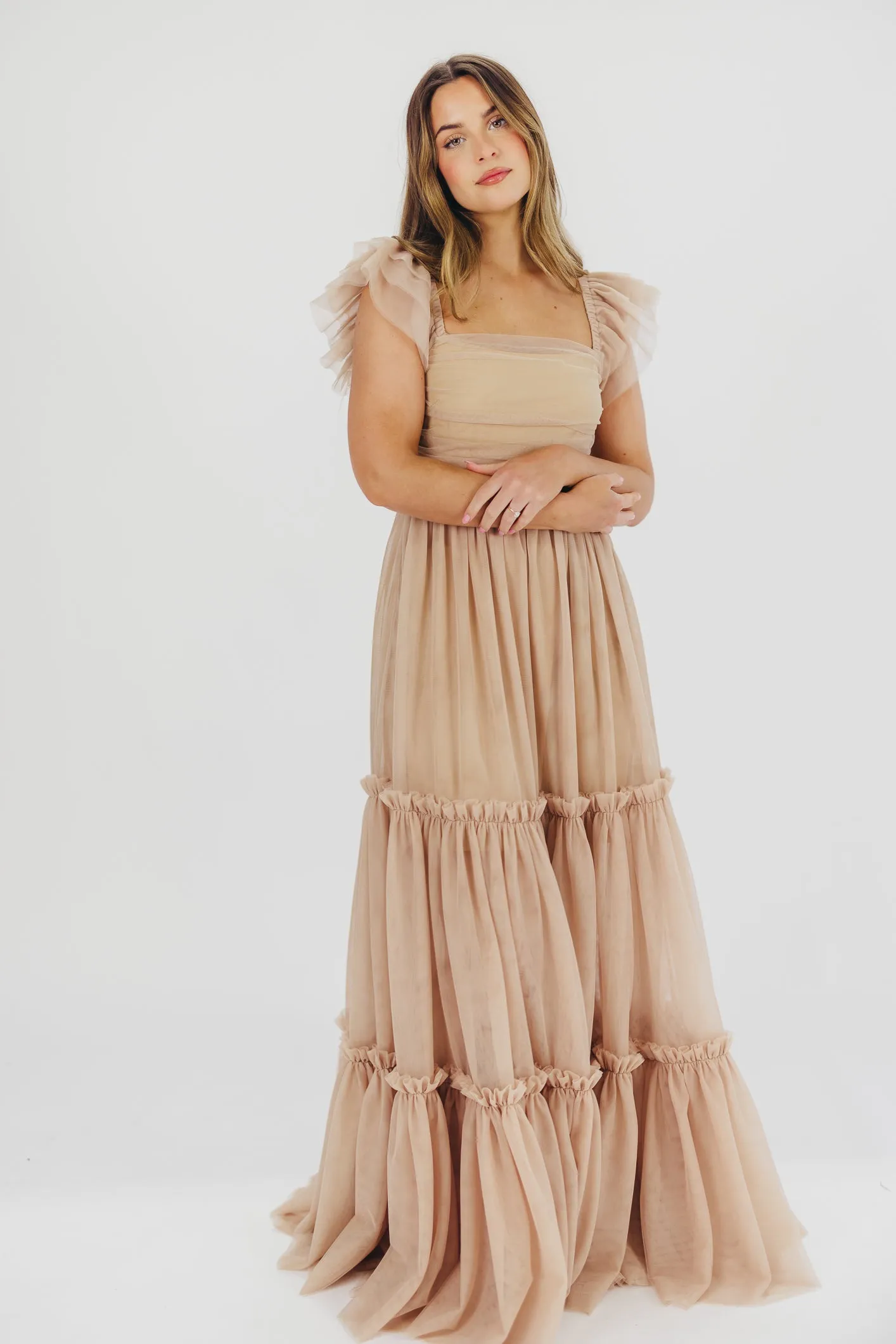 Bella Tiered Tulle Maxi Dress in Taupe - Bump Friendly & Inclusive Sizing (S-3XL) - Restocking End of Aug