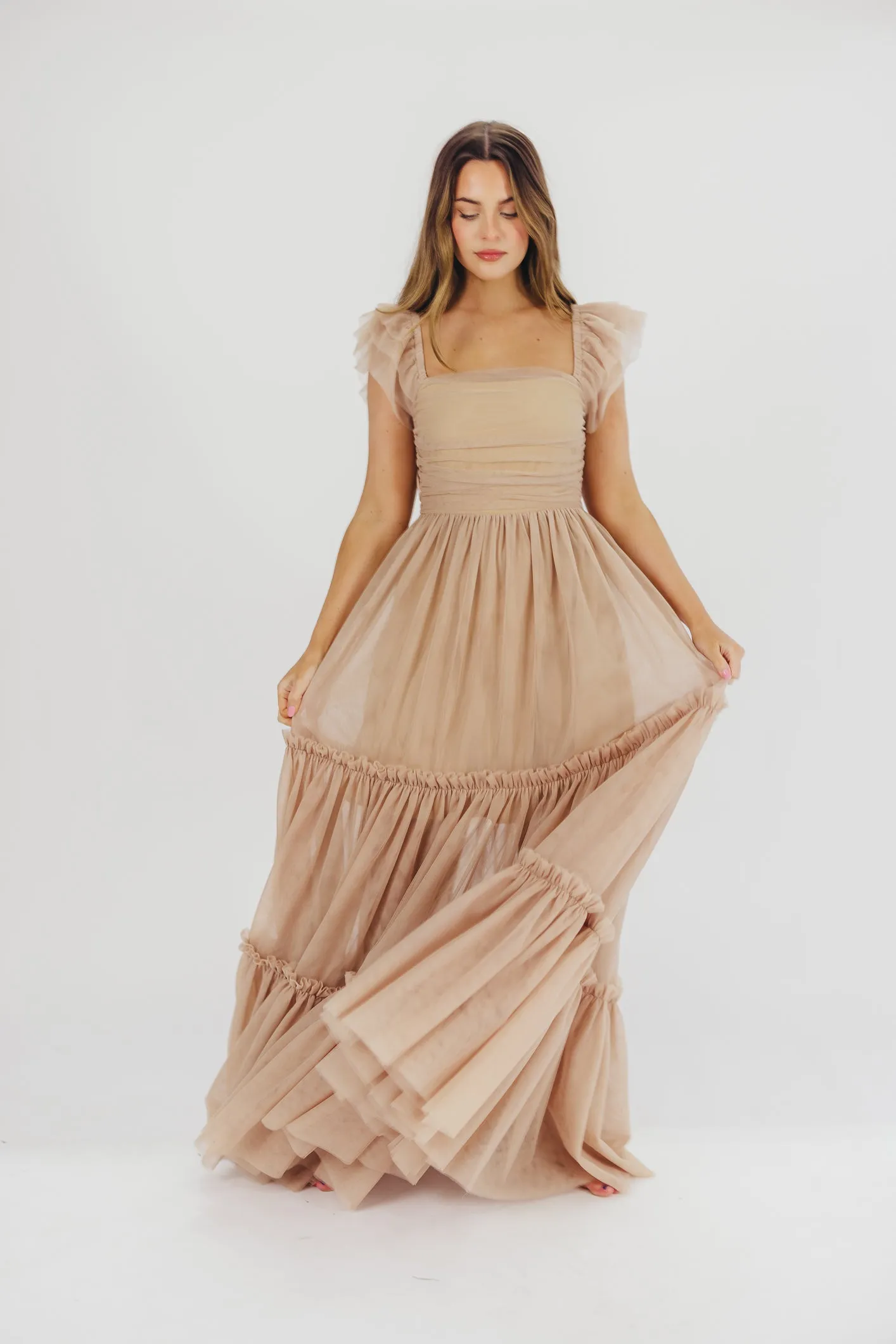 Bella Tiered Tulle Maxi Dress in Taupe - Bump Friendly & Inclusive Sizing (S-3XL) - Restocking End of Aug