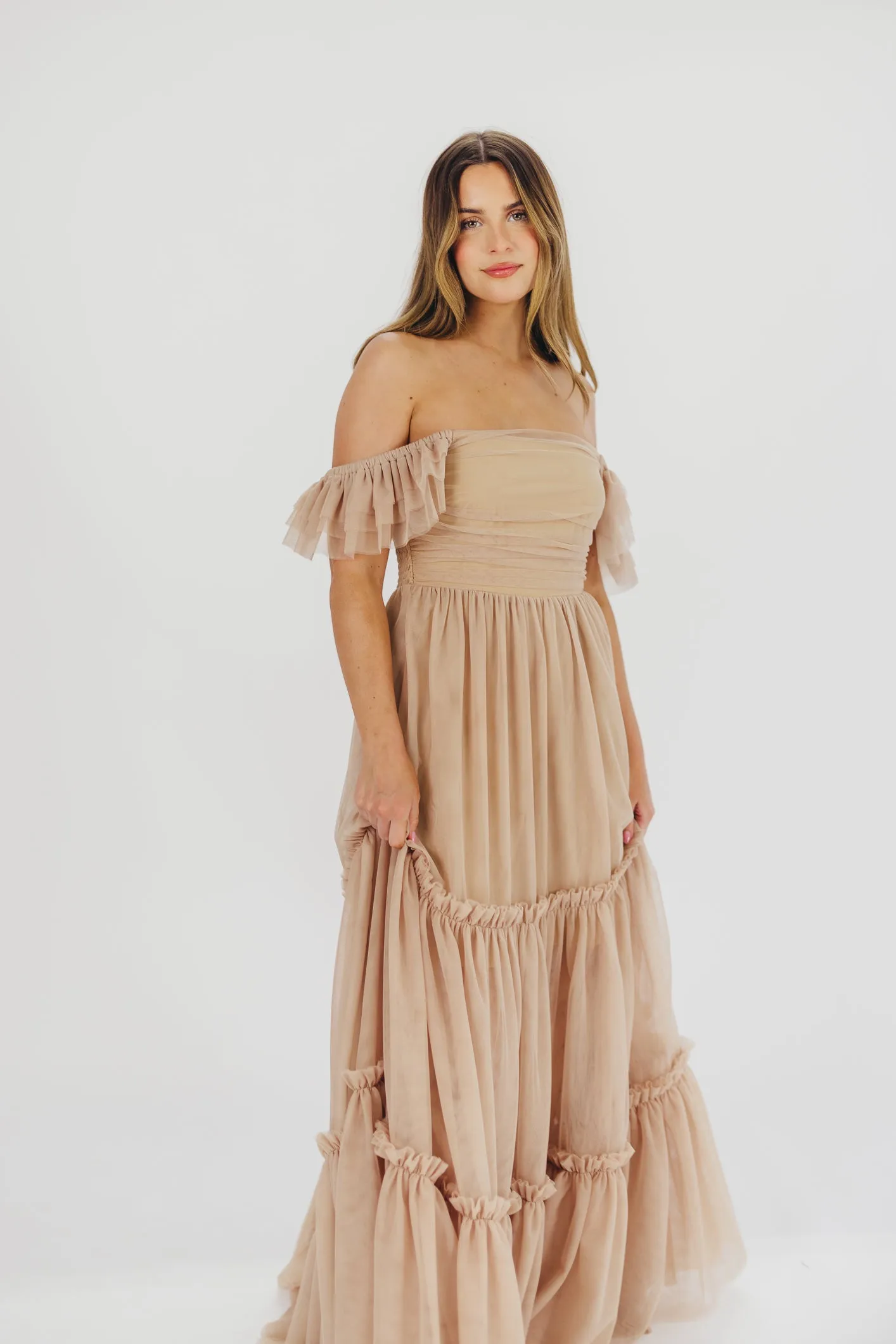 Bella Tiered Tulle Maxi Dress in Taupe - Bump Friendly & Inclusive Sizing (S-3XL) - Restocking End of Aug