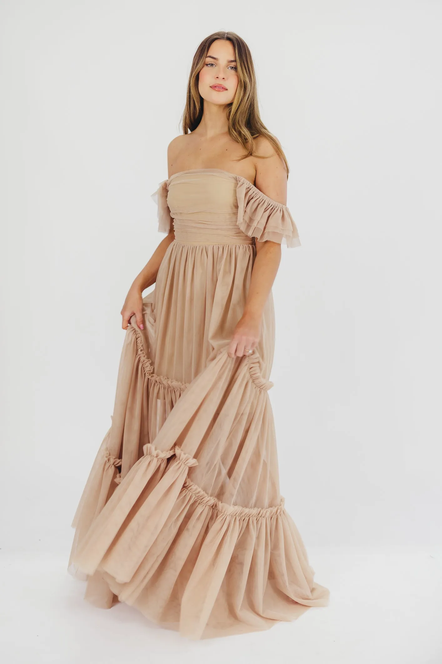 Bella Tiered Tulle Maxi Dress in Taupe - Bump Friendly & Inclusive Sizing (S-3XL) - Restocking End of Aug