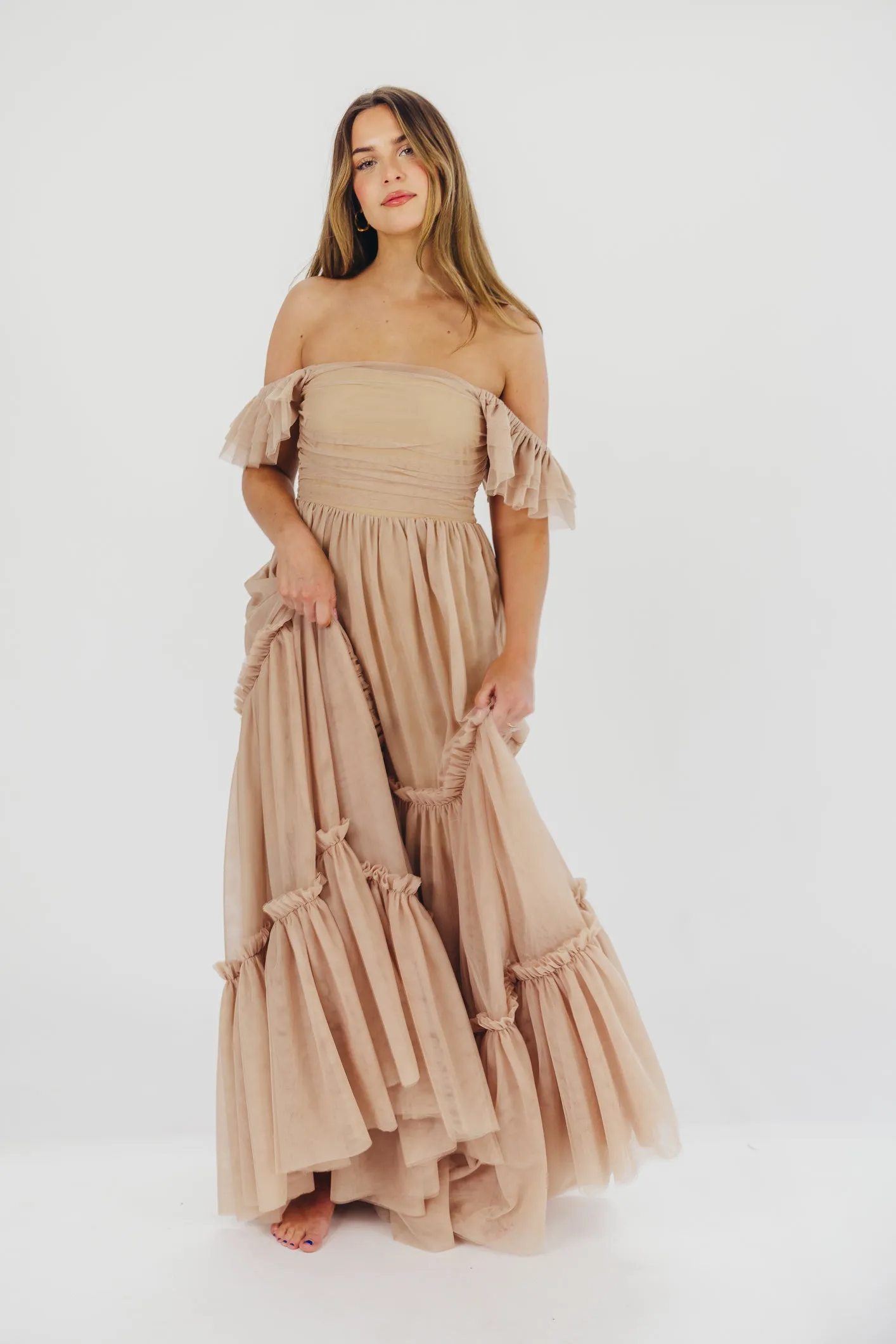 Bella Tiered Tulle Maxi Dress in Taupe - Bump Friendly & Inclusive Sizing (S-3XL) - Restocking End of Aug