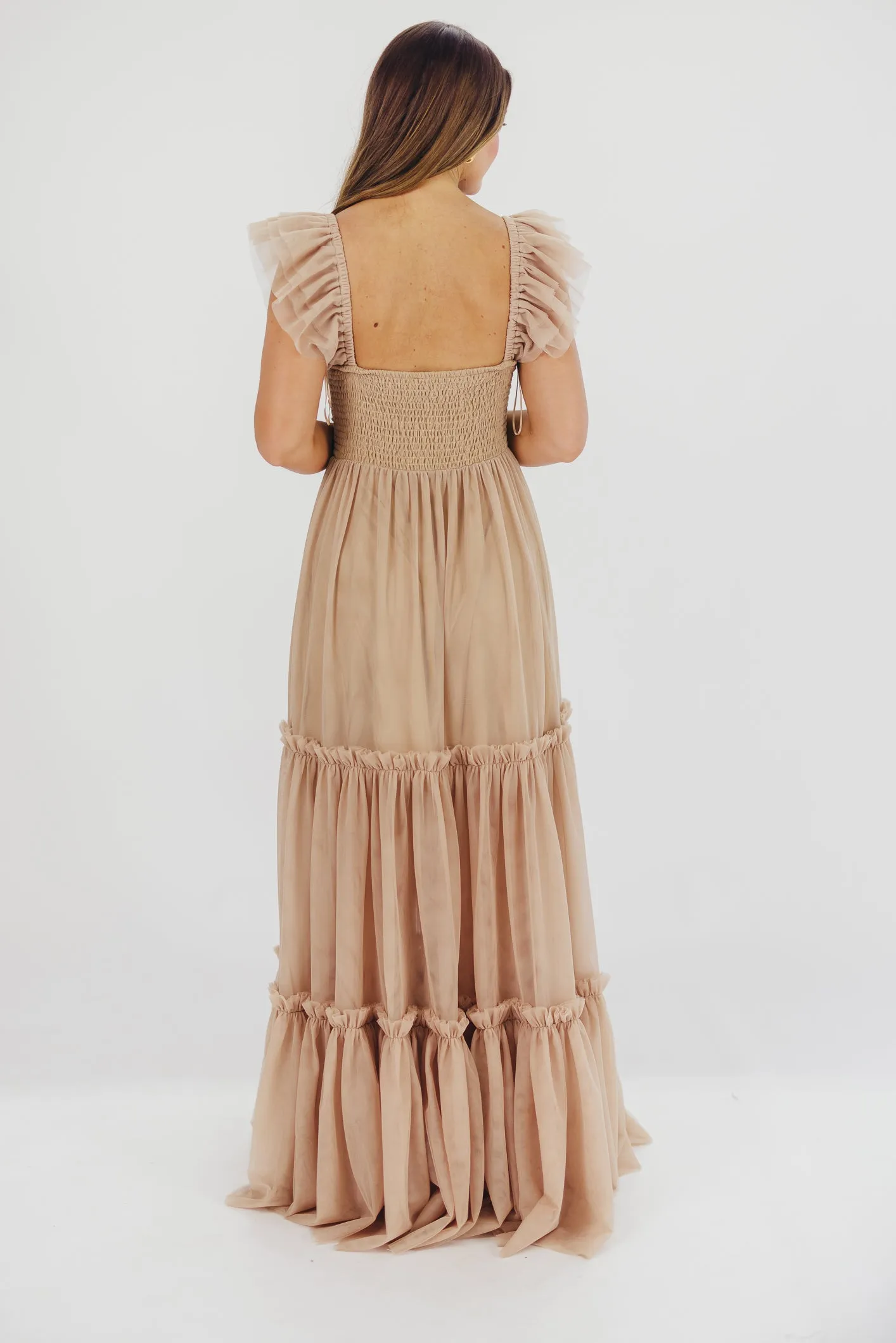 Bella Tiered Tulle Maxi Dress in Taupe - Bump Friendly & Inclusive Sizing (S-3XL) - Restocking End of Aug