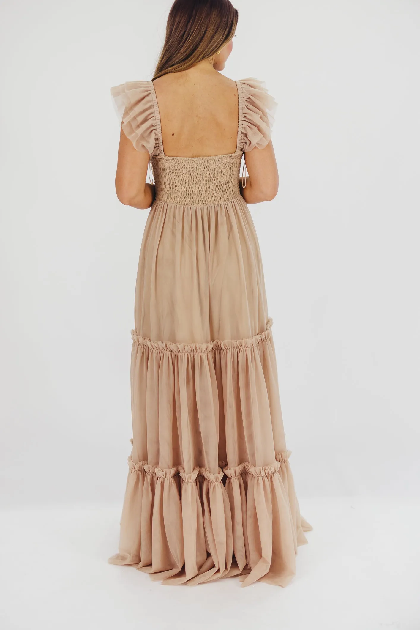 Bella Tiered Tulle Maxi Dress in Taupe - Bump Friendly & Inclusive Sizing (S-3XL) - Restocking End of Aug