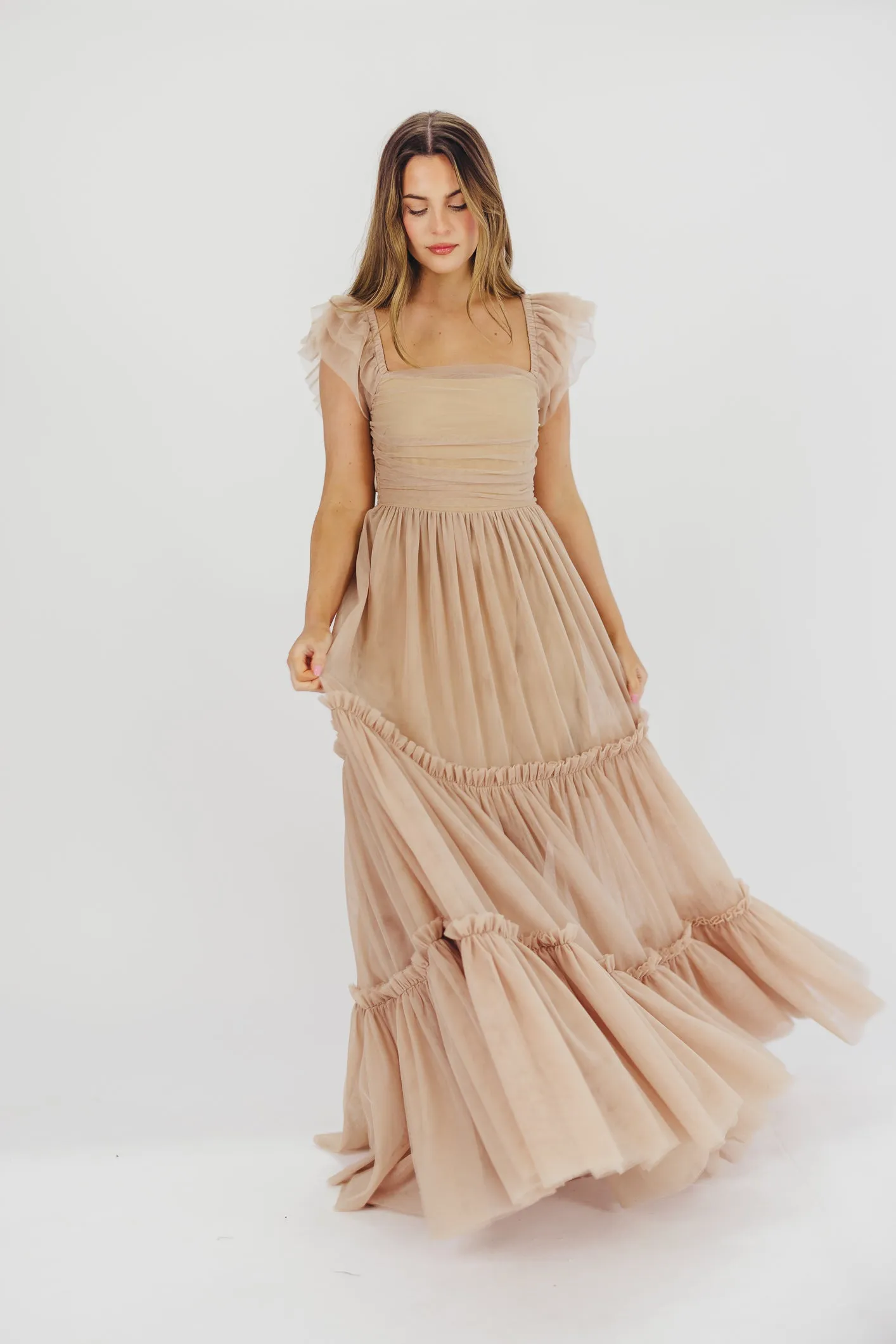 Bella Tiered Tulle Maxi Dress in Taupe - Bump Friendly & Inclusive Sizing (S-3XL) - Restocking End of Aug