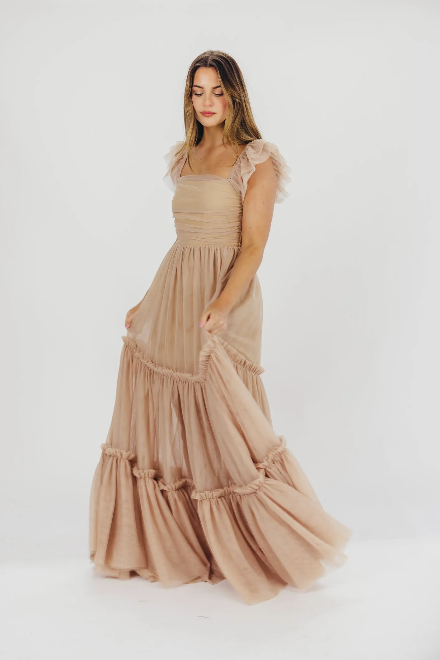 Bella Tiered Tulle Maxi Dress in Taupe - Bump Friendly & Inclusive Sizing (S-3XL) - Restocking End of Aug