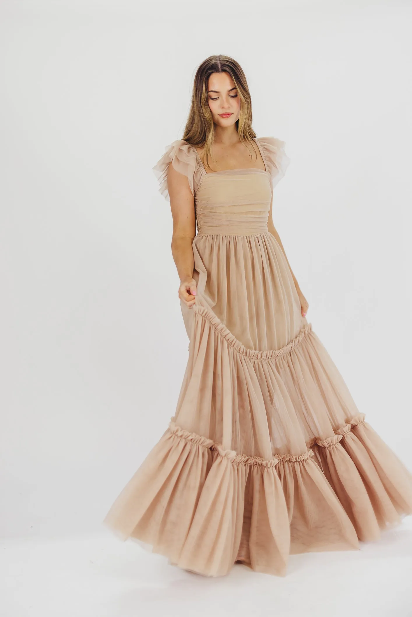 Bella Tiered Tulle Maxi Dress in Taupe - Bump Friendly & Inclusive Sizing (S-3XL) - Restocking End of Aug