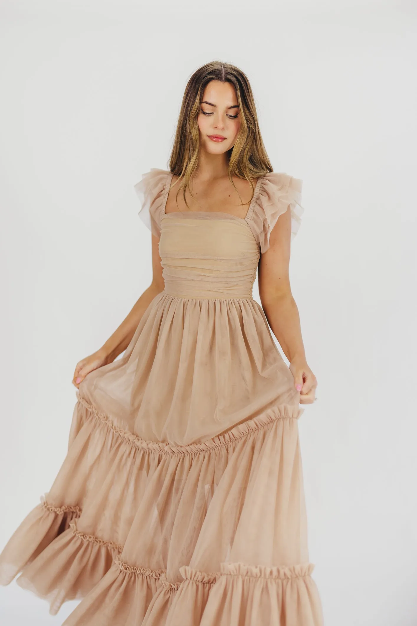 Bella Tiered Tulle Maxi Dress in Taupe - Bump Friendly & Inclusive Sizing (S-3XL) - Restocking End of Aug