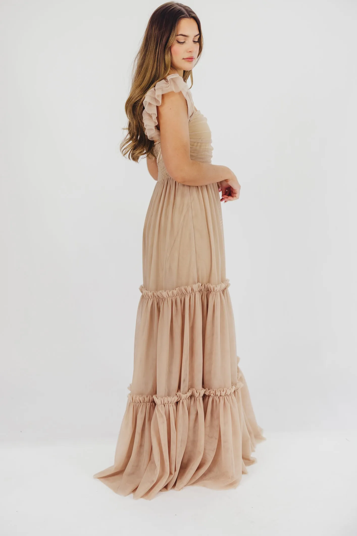 Bella Tiered Tulle Maxi Dress in Taupe - Bump Friendly & Inclusive Sizing (S-3XL) - Restocking End of Aug