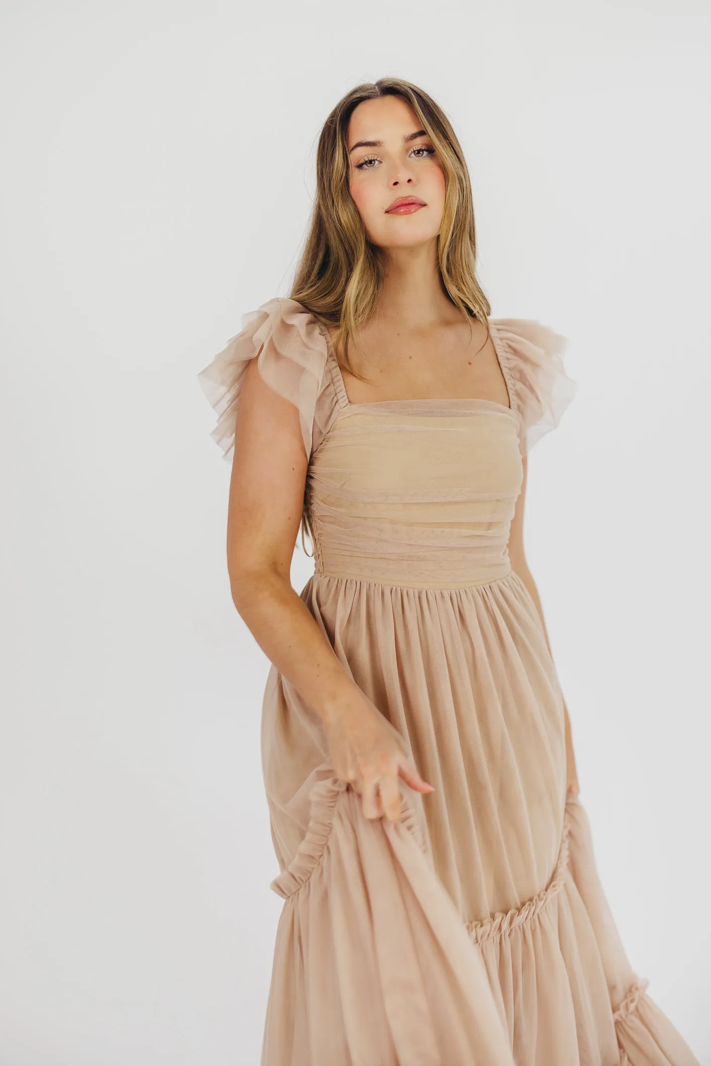 Bella Tiered Tulle Maxi Dress in Taupe - Bump Friendly & Inclusive Sizing (S-3XL) - Restocking End of Aug