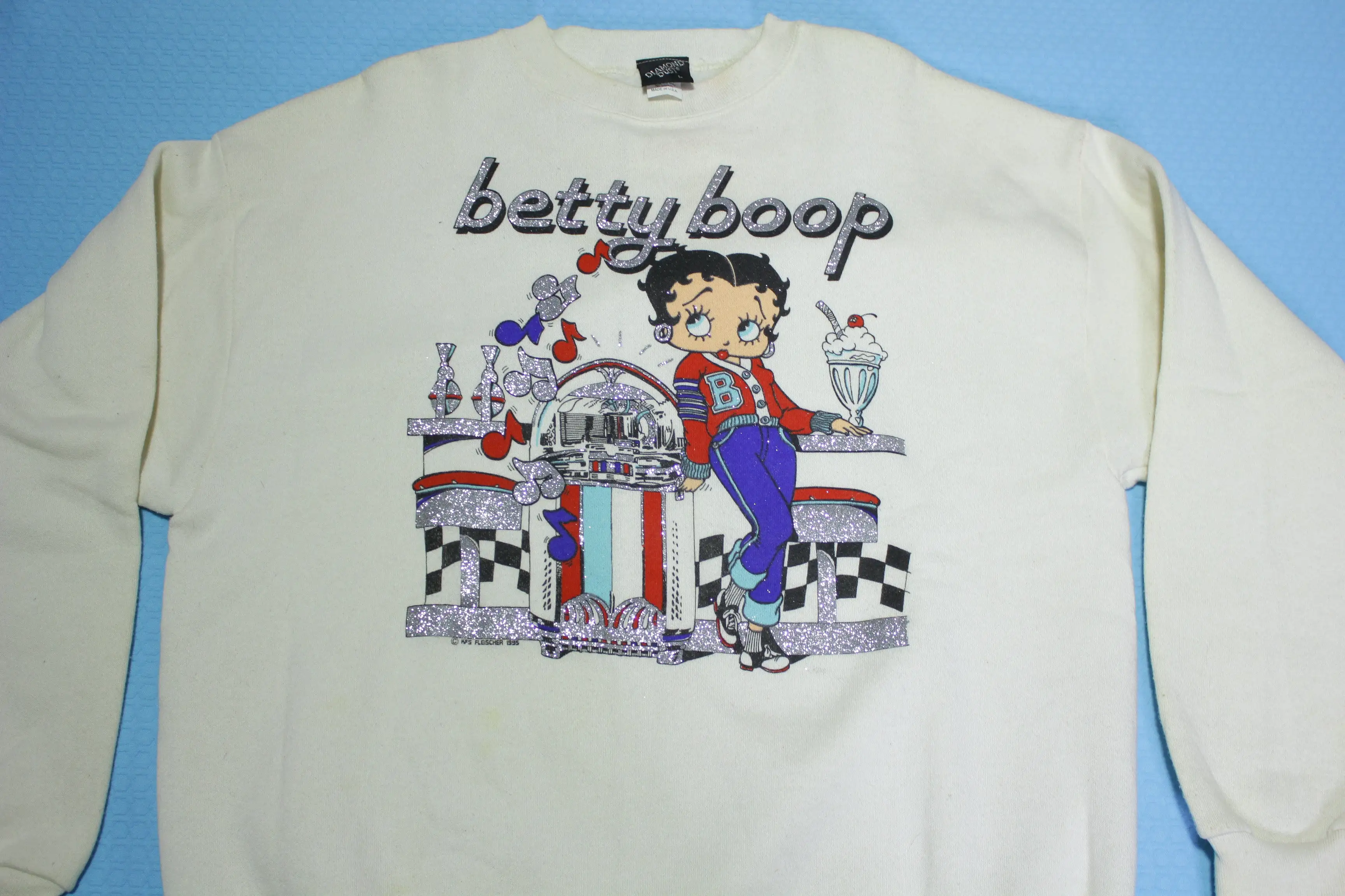 Betty Boop 50's Juke Box Diner Vintage 1995 90's Glitter Print Crewneck Sweatshirt