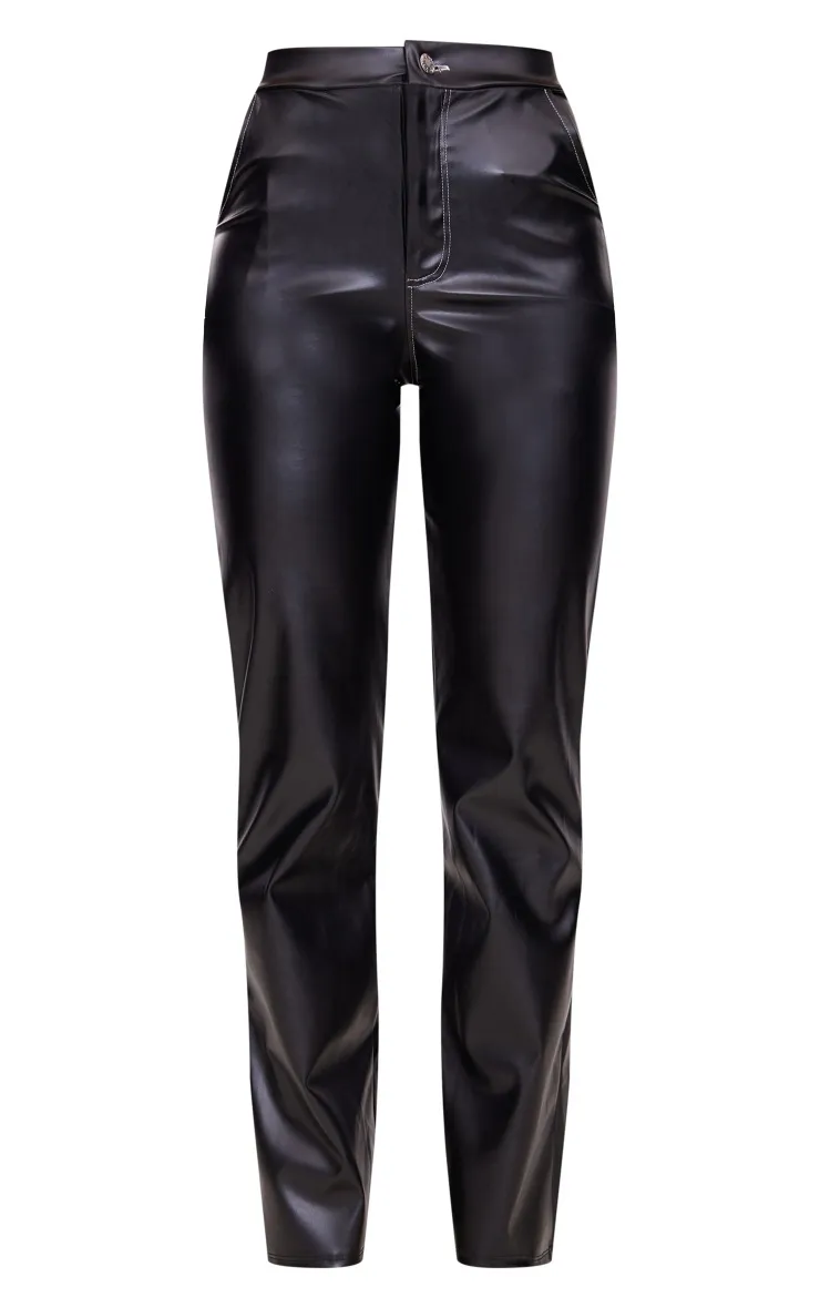 Black Faux Leather Contrast Straight Leg Trouser