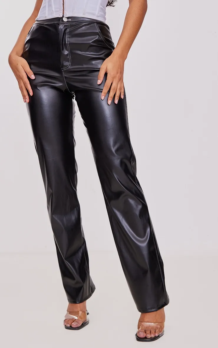 Black Faux Leather Contrast Straight Leg Trouser