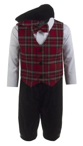 Boys Black Velvet Knickers with Plaid Holiday Vest and Pageboy Hat