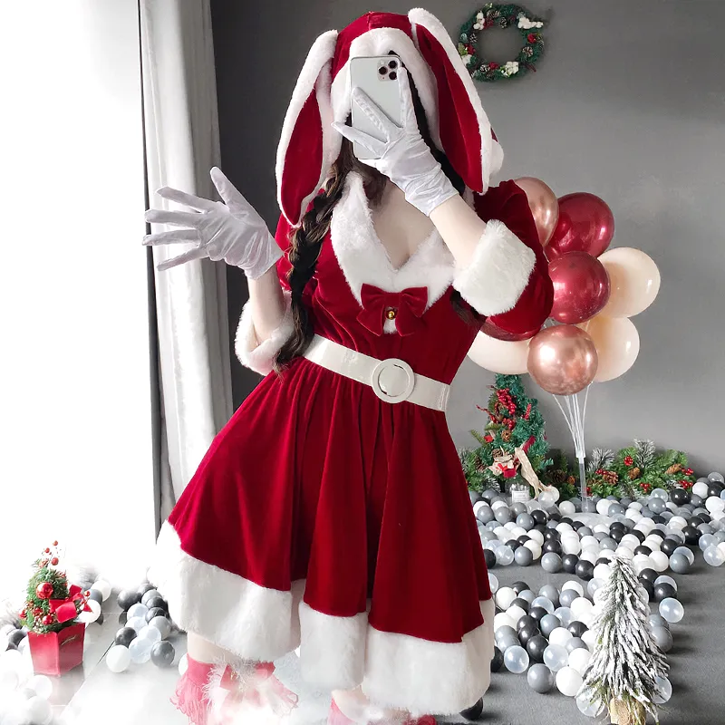 Bunny Ears Bow Knot Hooded Dress Set Christmas