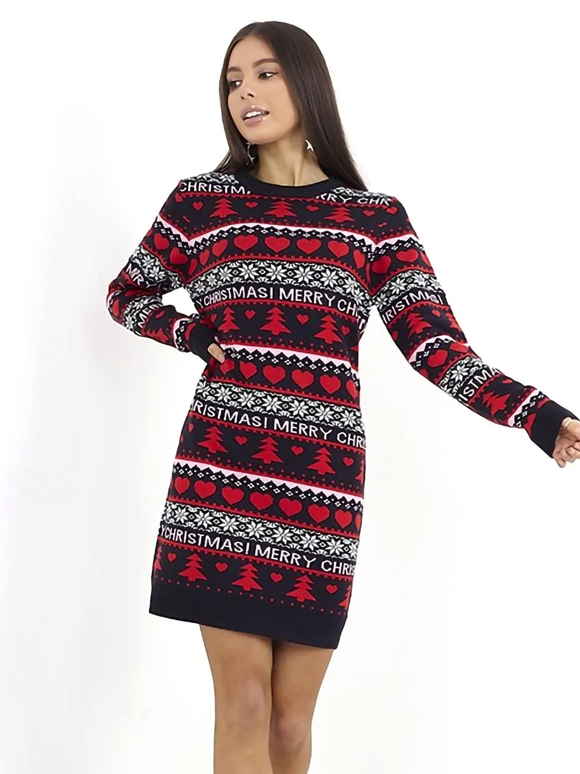 Christmas Jumper Dress with Knitted Love Hearts, UK Sizes 8 to 14